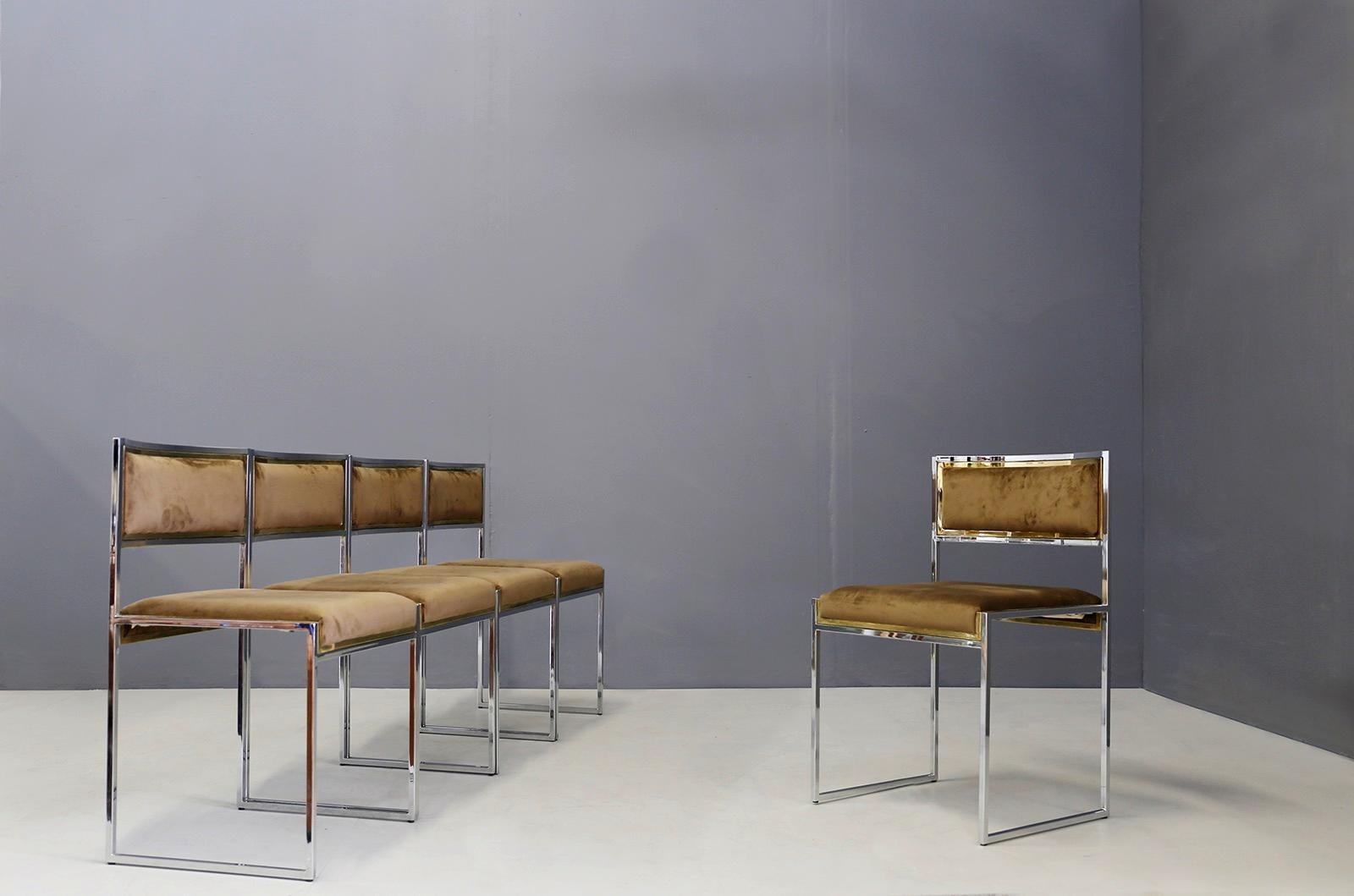 Elegant set of 6 chairs designed by Willy Rizzo in 1960-1970. The structure of the chairs is in nickel-plated brass and brass. Its double chrome-plating in two materials creates a beautiful visual and geometric effect. The seat and its backrest are