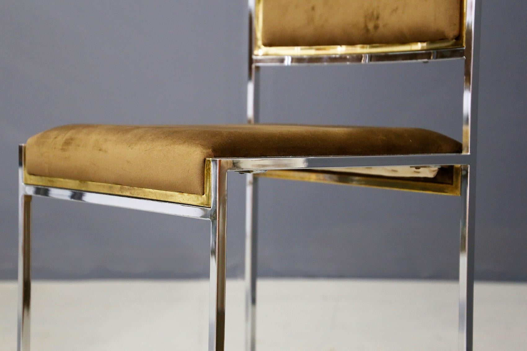 Italian Willy Rizzo Set of Six Midcentury Chair in Brass and Chamois, 1960s