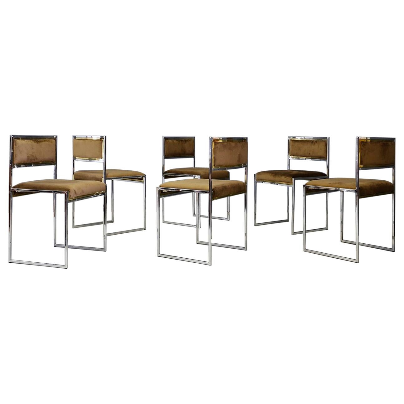 Willy Rizzo Set of Six Midcentury Chair in Brass and Chamois, 1960s