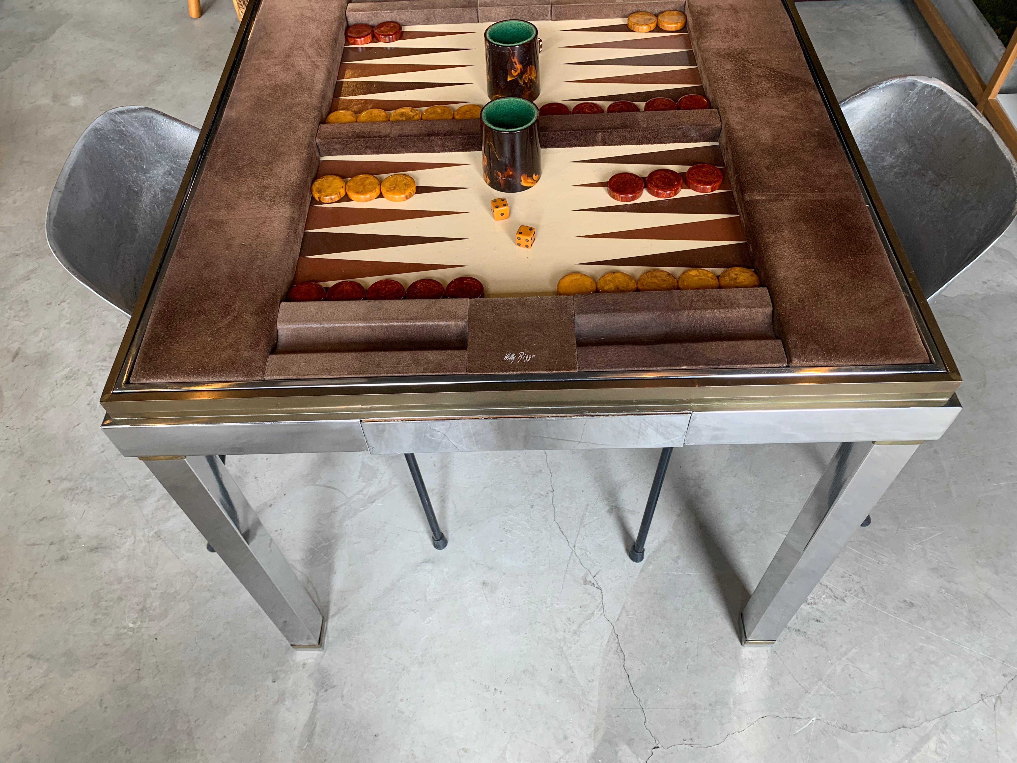 Willy Rizzo Signed Flip Top Suede Backgammon Table In Good Condition In Los Angeles, CA