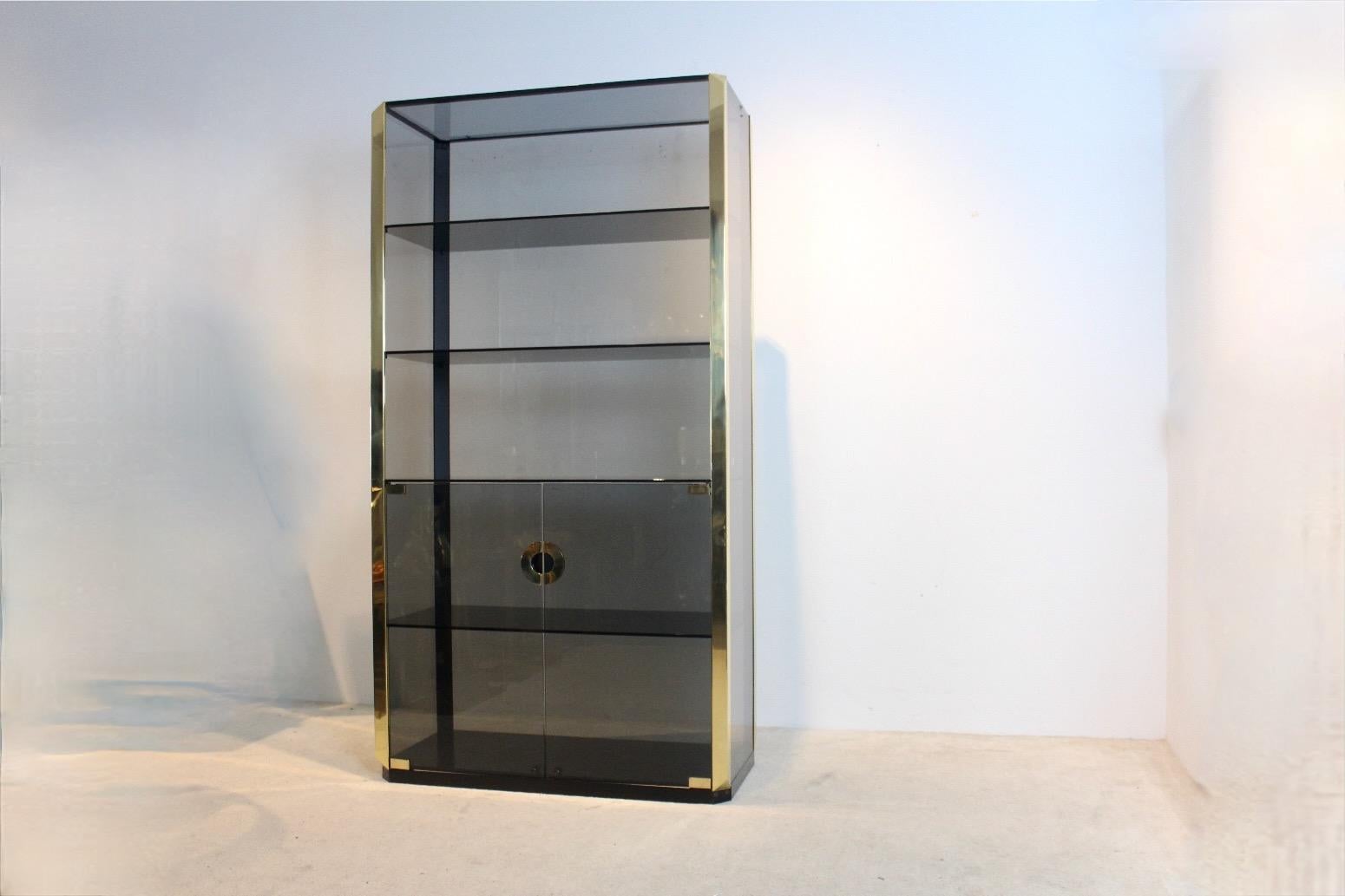 Beautiful Smoked glass cabinet designed by Willy Rizzo for Mario Sabot, 1970s. The cabinet comes with smoked glass with accenting brass hardware. The frame of the cabinet is made of very solid steel. The lower part can be closed and has two doors