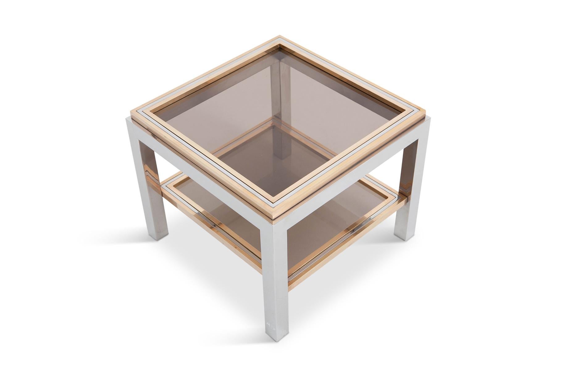 Italian Willy Rizzo Square Side Table in Brass, Chrome and Glass