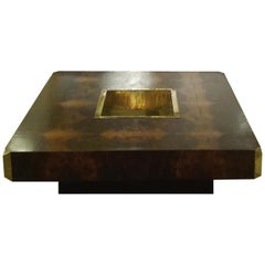 Willy Rizzo, Square Walnut Veneer and Brass Details Italian Coffee Table, 1970