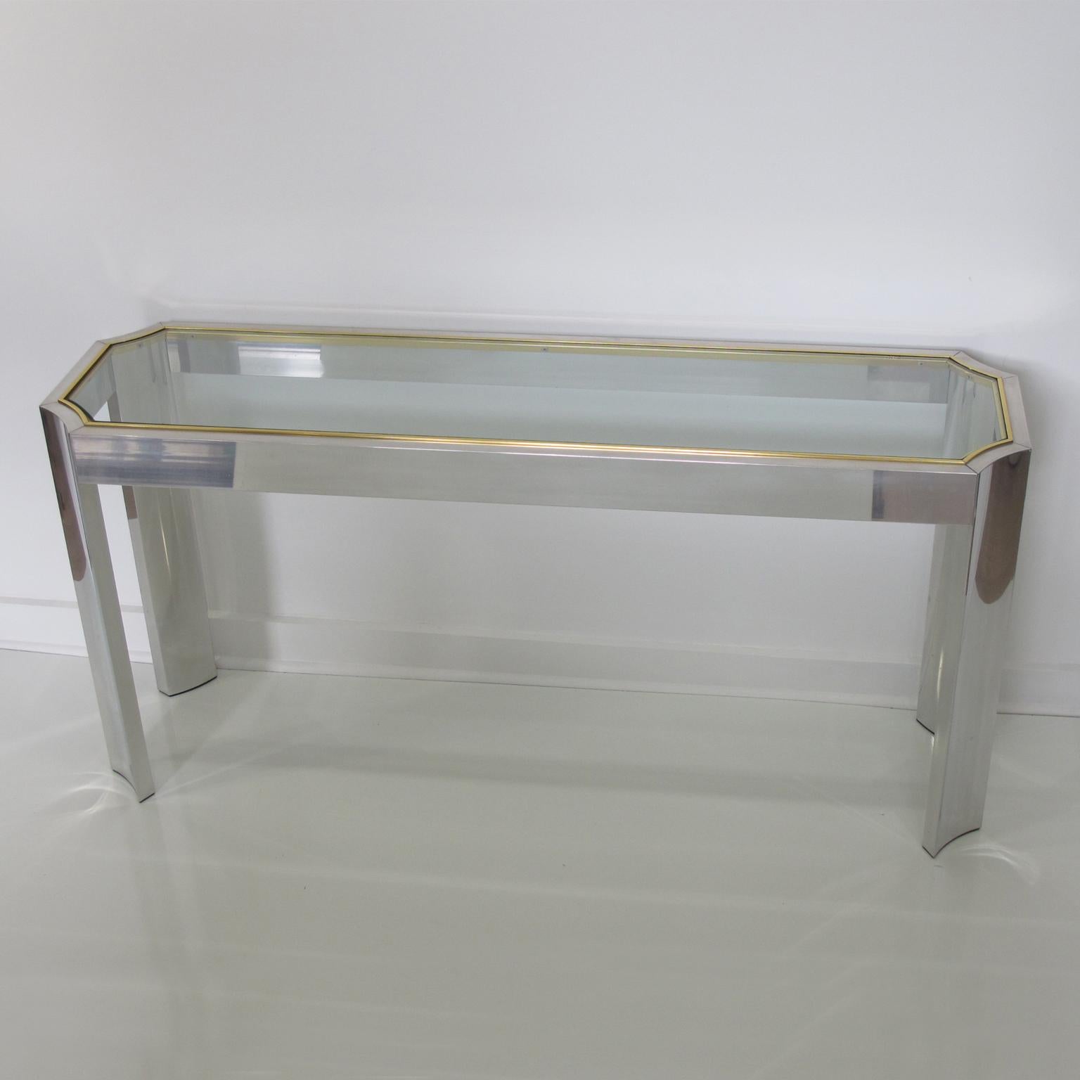 Willy Rizzo Style Aluminum and Brass Console Sofa Table with Glass Top, 1970s 3