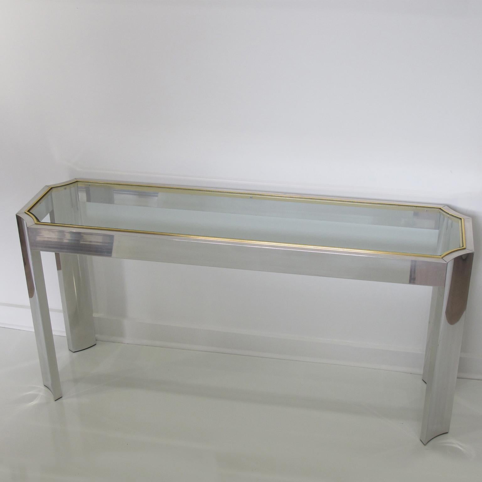 Mid-Century Modern Willy Rizzo Style Aluminum and Brass Console Sofa Table with Glass Top, 1970s