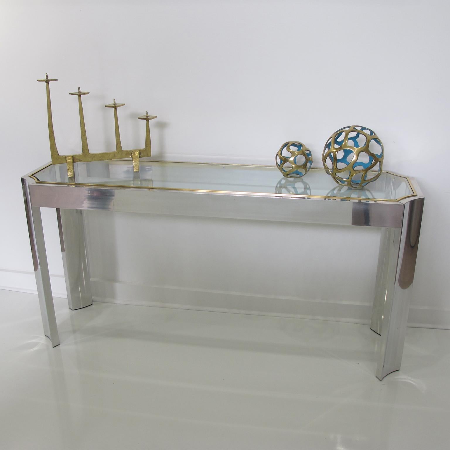 French Willy Rizzo Style Aluminum and Brass Console Sofa Table with Glass Top, 1970s