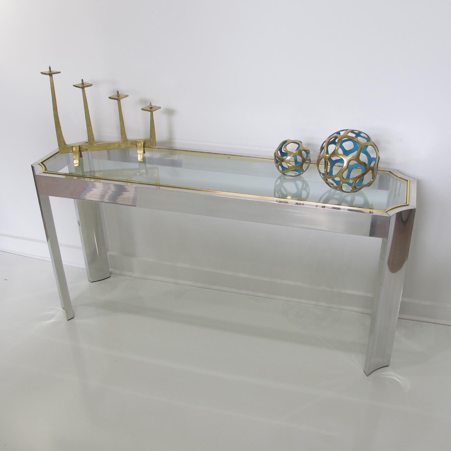 Late 20th Century Willy Rizzo Style Aluminum and Brass Console Sofa Table with Glass Top, 1970s