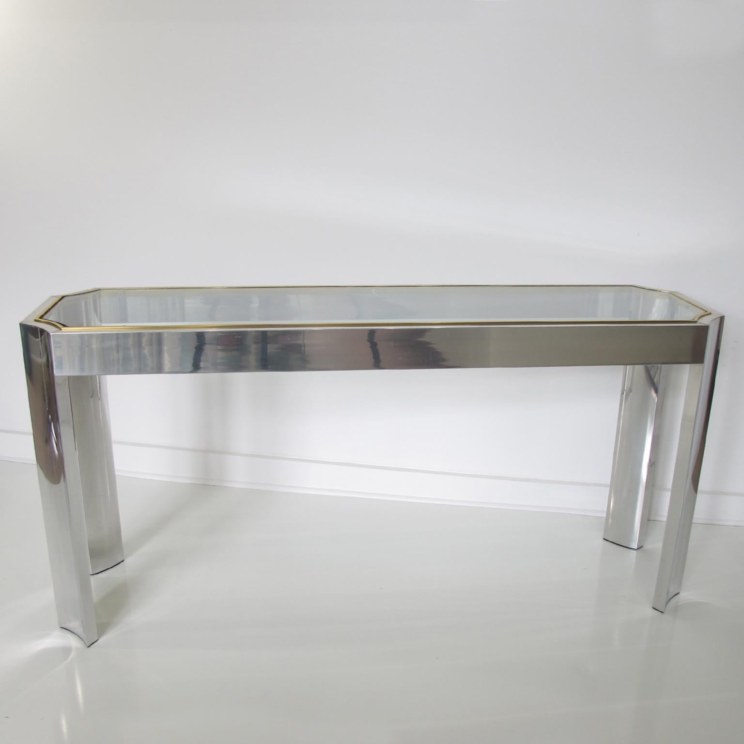 Metal Willy Rizzo Style Aluminum and Brass Console Sofa Table with Glass Top, 1970s