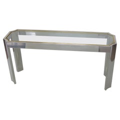 Willy Rizzo Style Aluminum and Brass Console Sofa Table with Glass Top, 1970s Willy Rizzo Style Aluminum and Brass Console Sofa Table with Glass Top, 1970s
