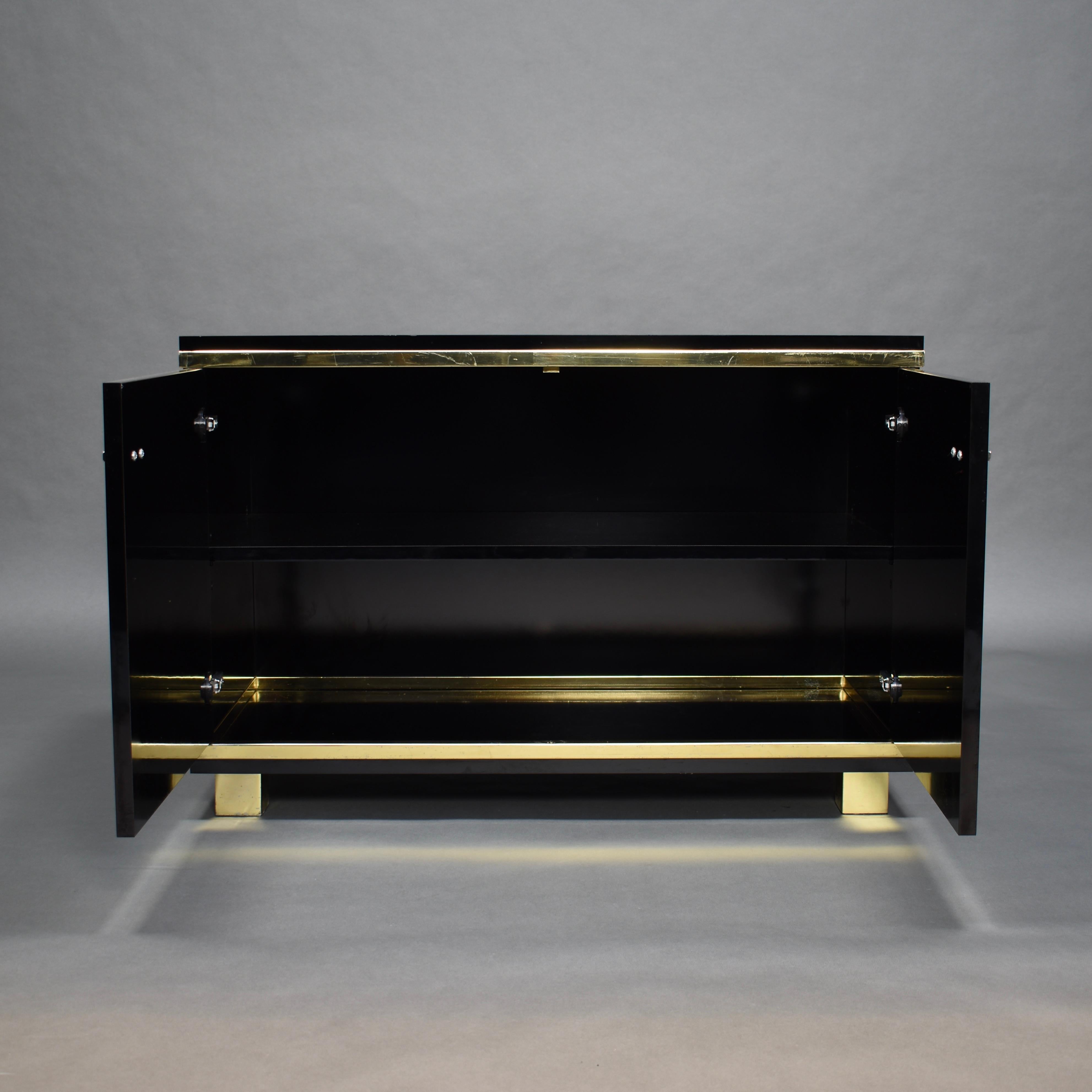 Mid-Century Modern Willy Rizzo Style Black Credenza with Brass Details, Italy, circa 1970