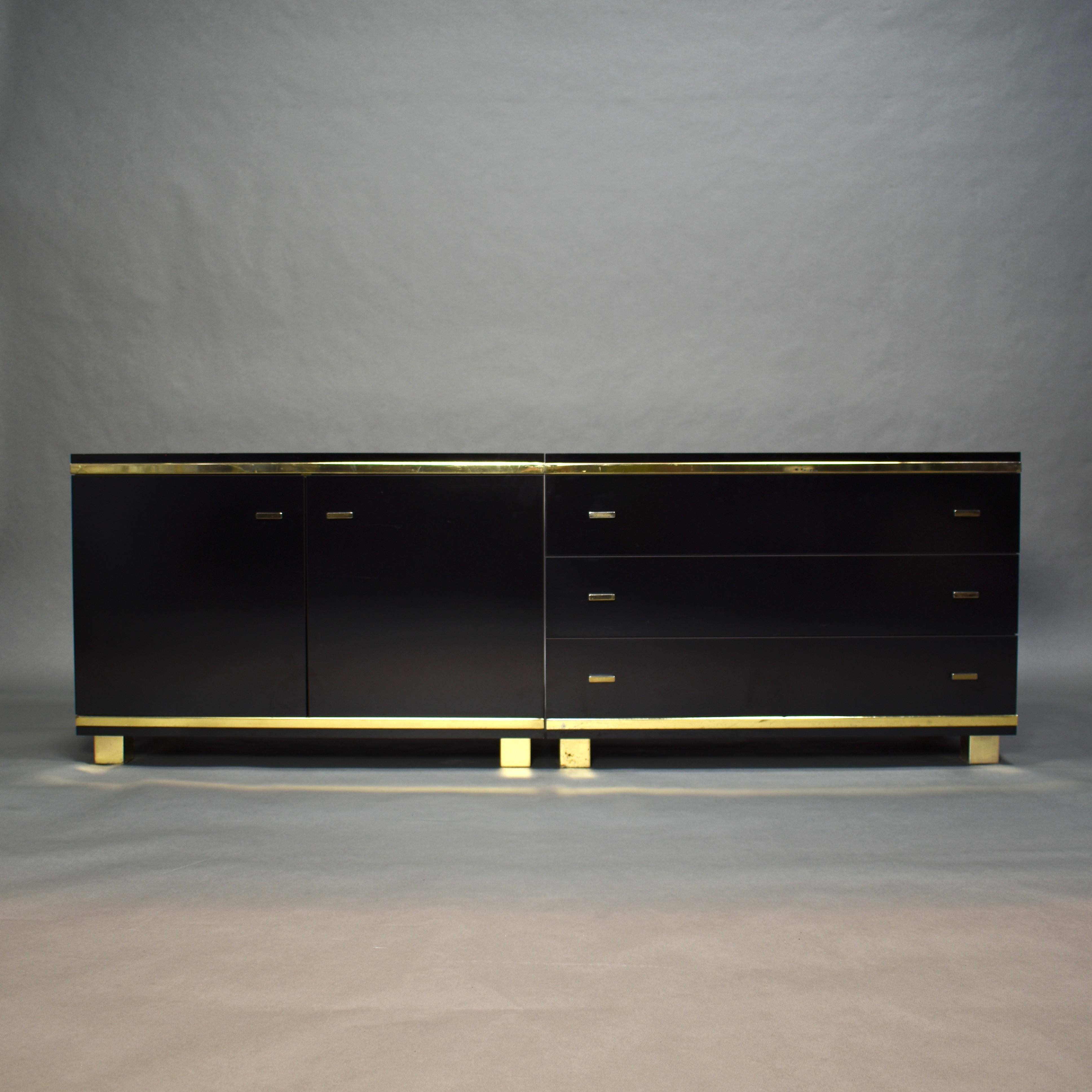 Italian Willy Rizzo Style Black Credenza with Brass Details, Italy, circa 1970
