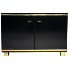 Vintage Willy Rizzo Style Black Credenza with Brass Details, Italy, circa 1970
