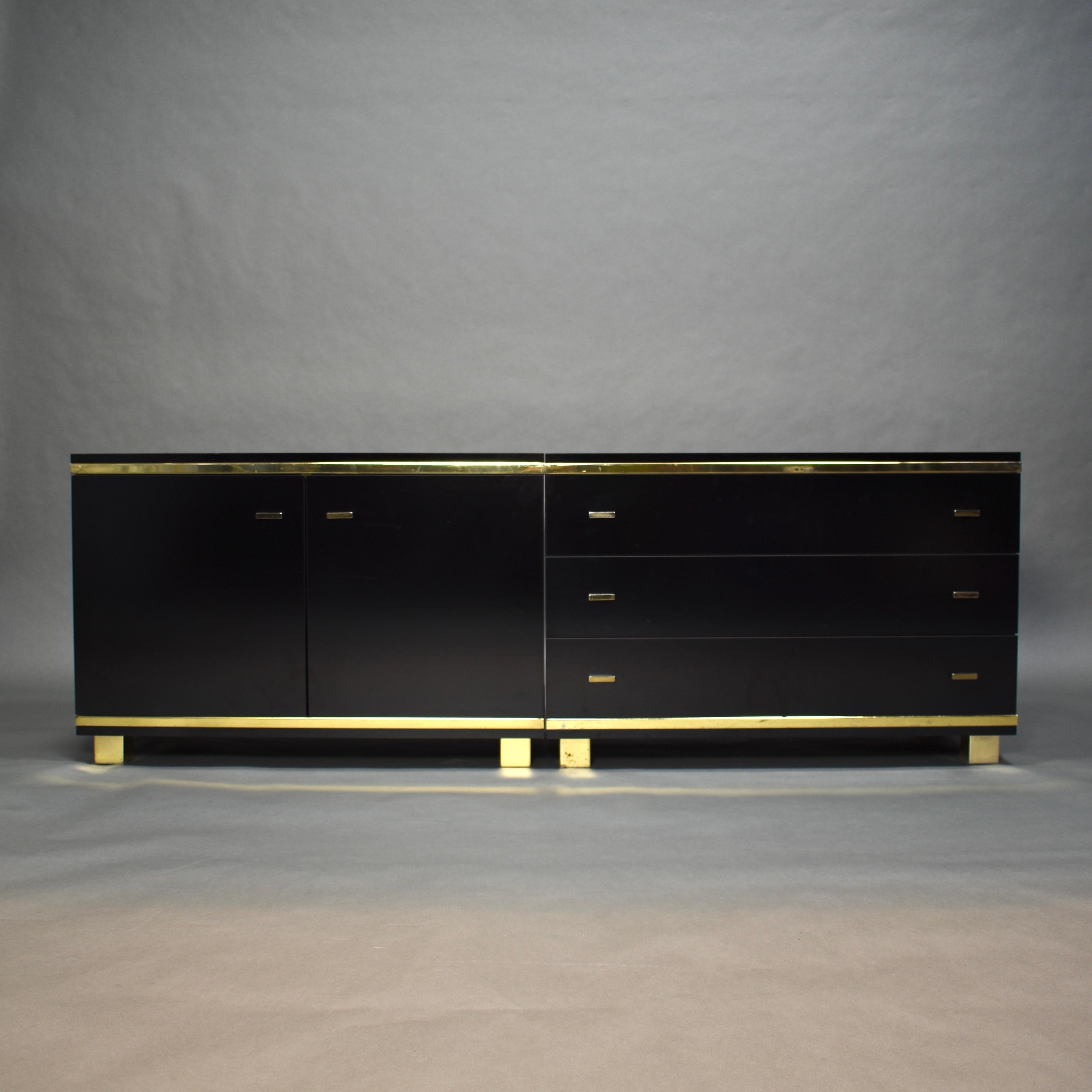 Willy Rizzo Style Black Drawer Cabinet with Brass Details, Italy, circa 1970 8