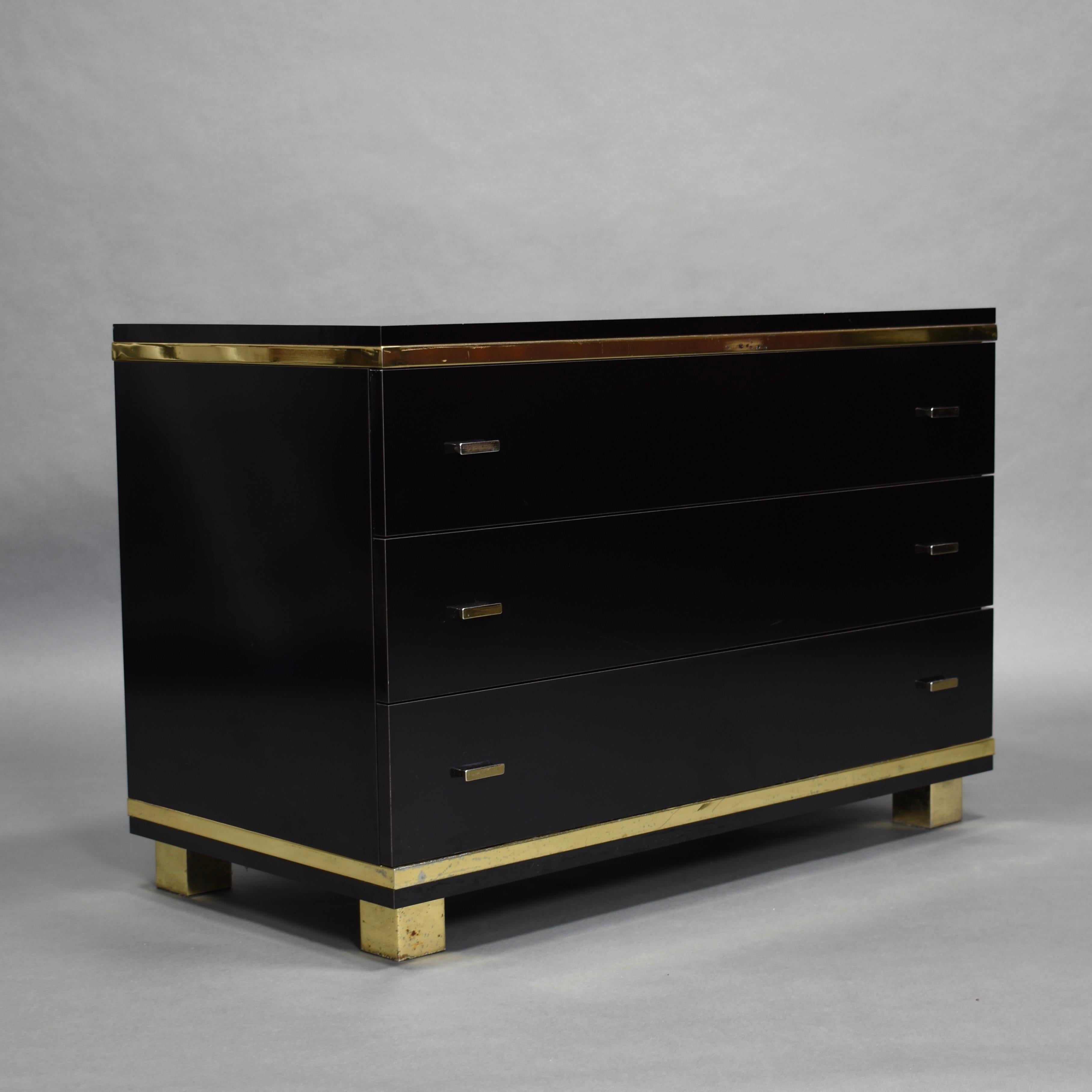 Italian Willy Rizzo Style Black Drawer Cabinet with Brass Details, Italy, circa 1970