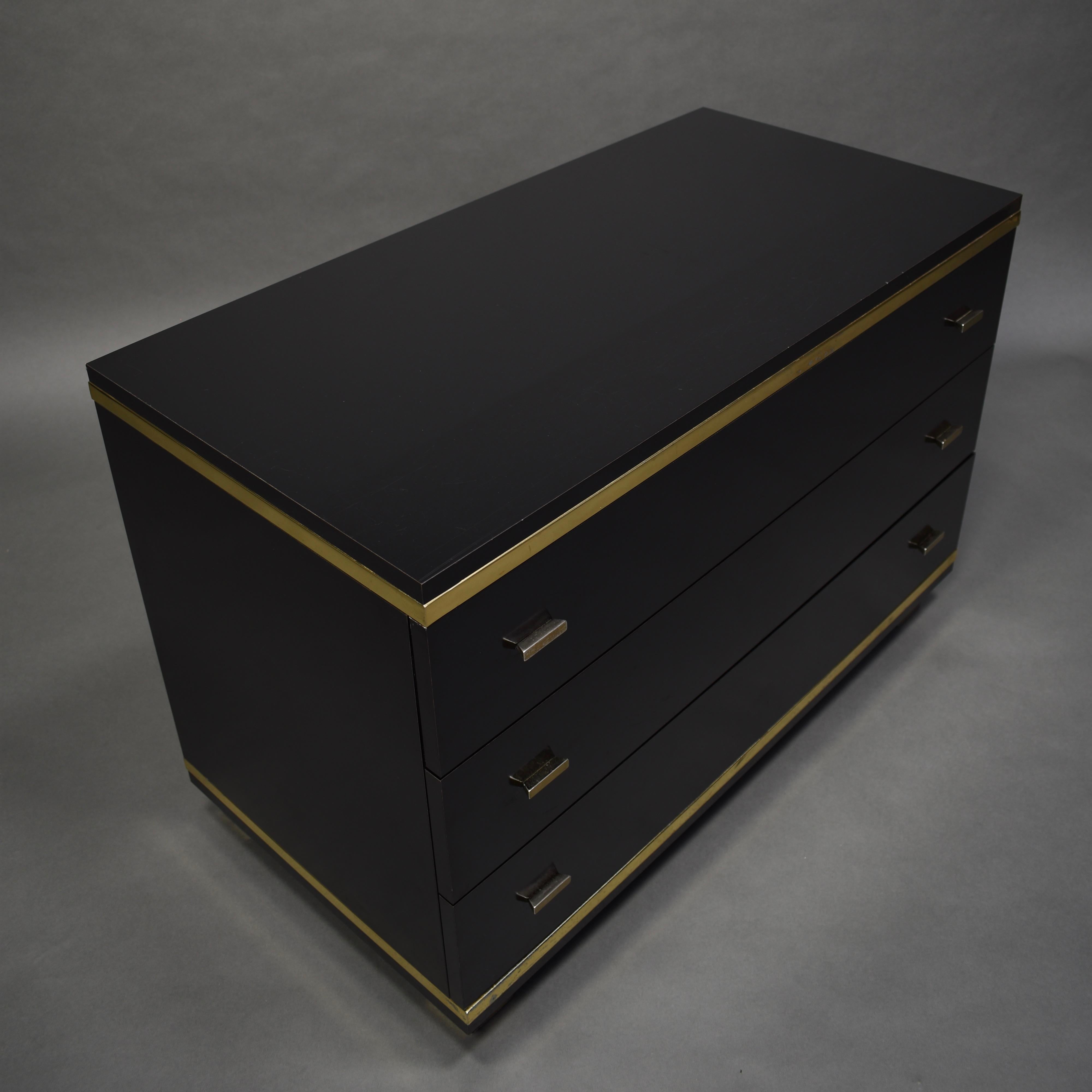 Late 20th Century Willy Rizzo Style Black Drawer Cabinet with Brass Details, Italy, circa 1970