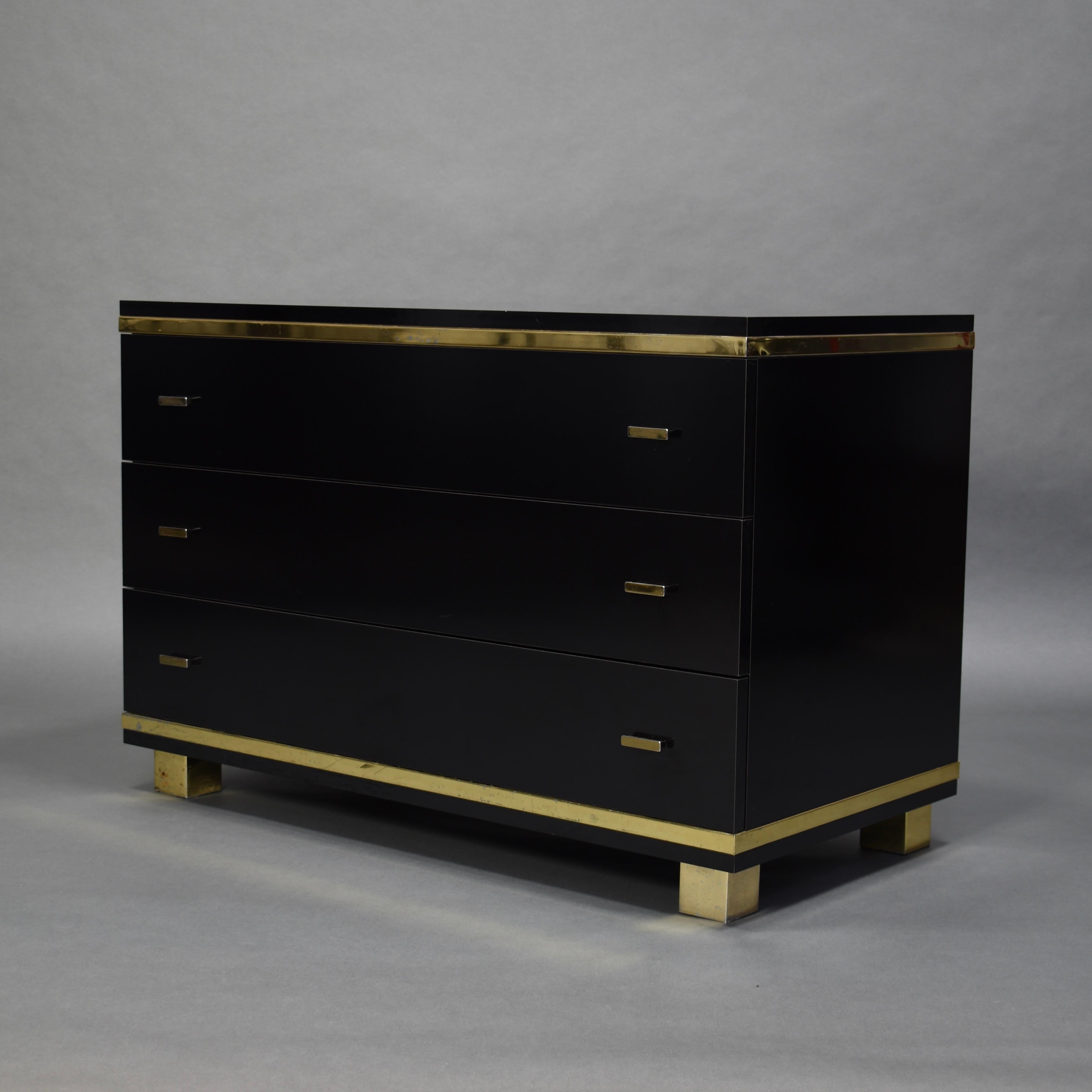 Willy Rizzo Style Black Drawer Cabinet with Brass Details, Italy, circa 1970 1