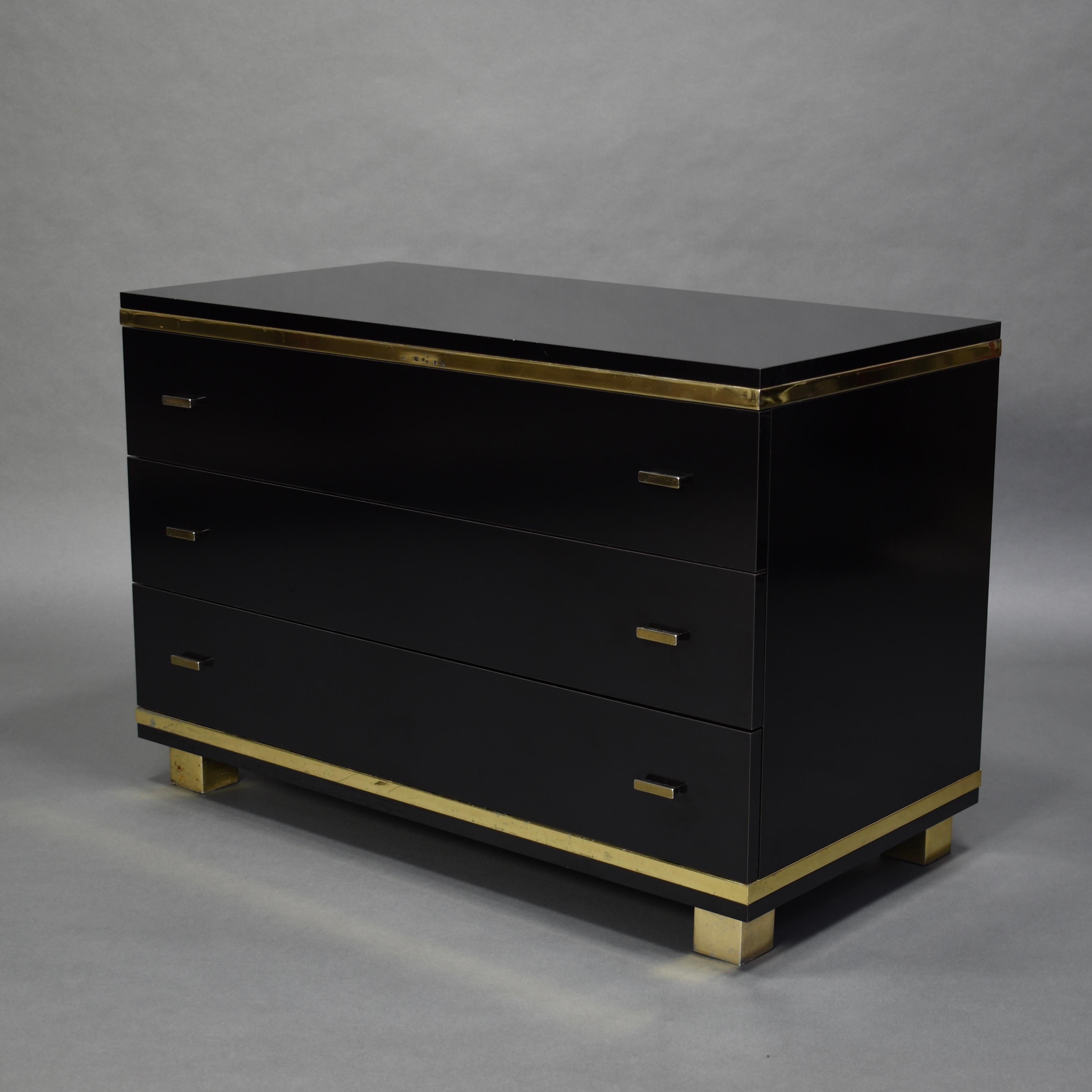 Willy Rizzo Style Black Drawer Cabinet with Brass Details, Italy, circa 1970 2