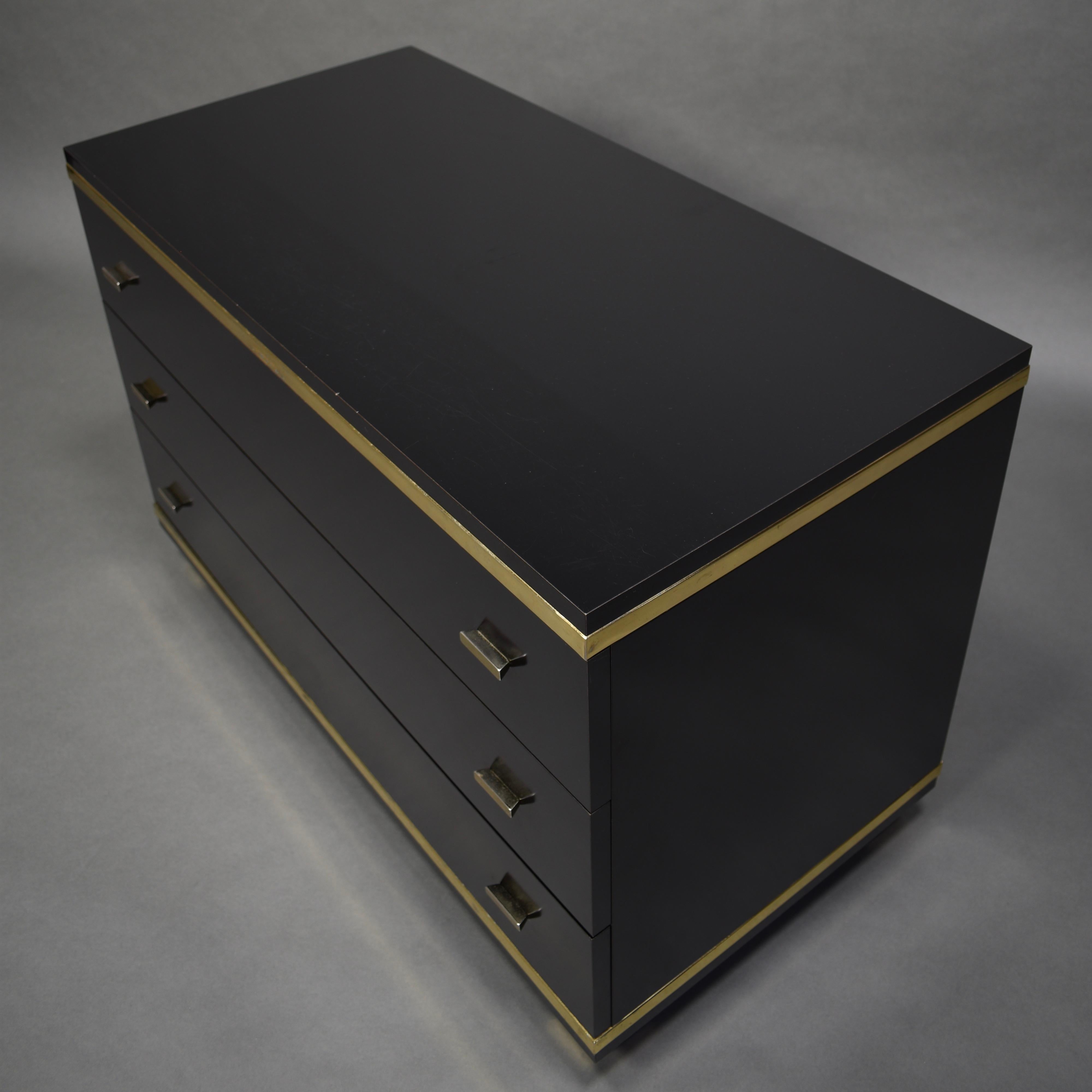 Willy Rizzo Style Black Drawer Cabinet with Brass Details, Italy, circa 1970 3