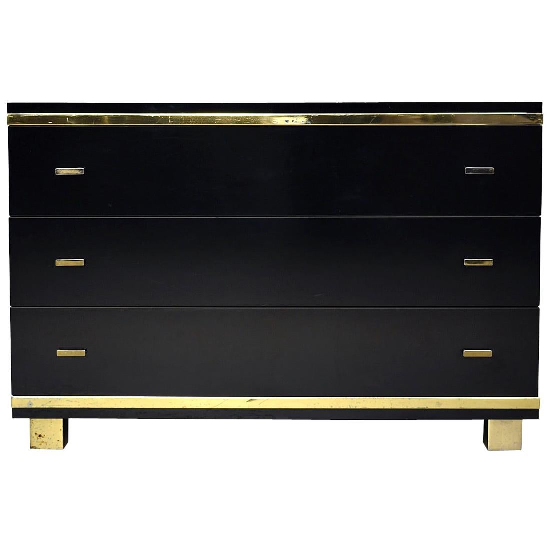 Willy Rizzo Style Black Drawer Cabinet with Brass Details, Italy, circa 1970