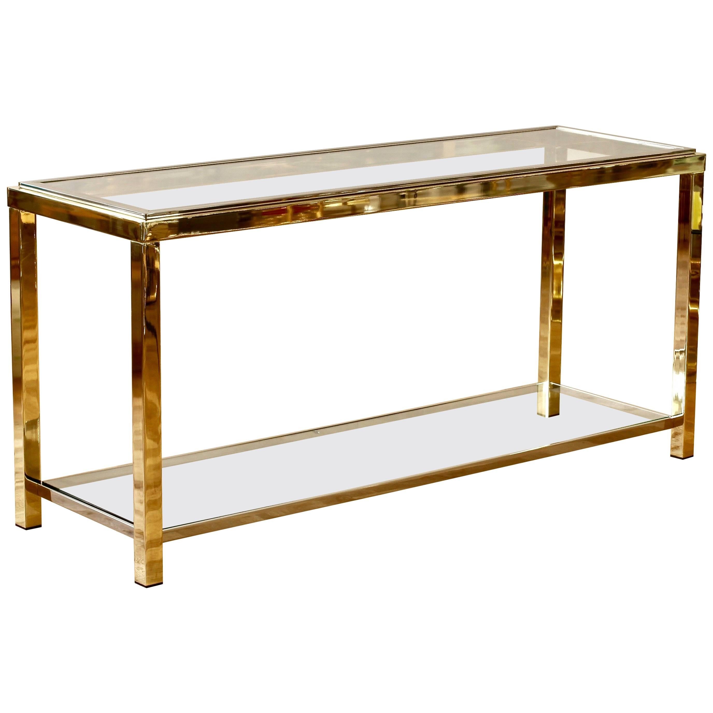 Willy Rizzo Style Brass & Chrome Bicolor Two-Tiered Double Shelved Console Table