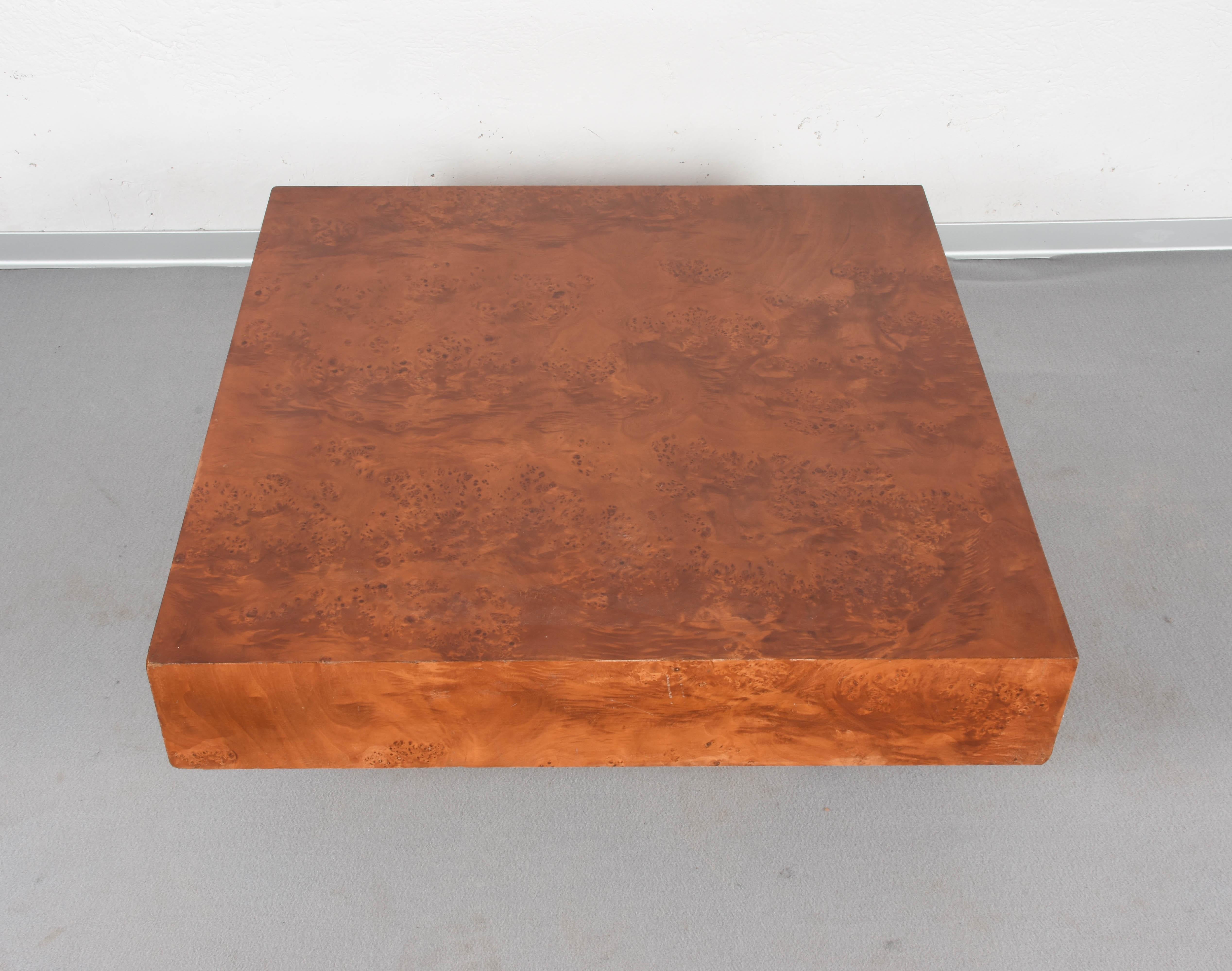 Willy Rizzo Style, Burl Wooden Coffee Table Square with Brass Base, Italy, 1970s 4
