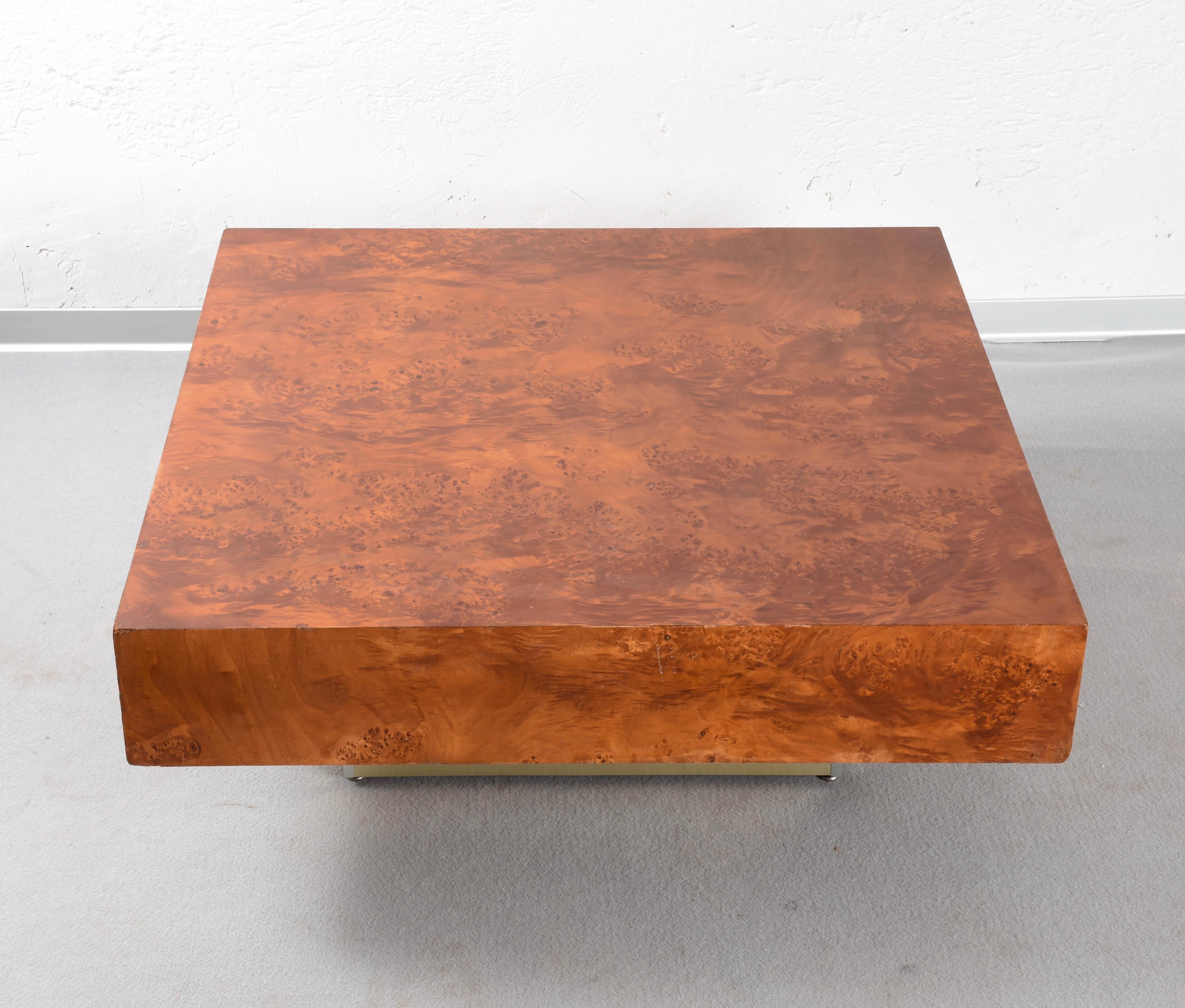 Willy Rizzo Style, Burl Wooden Coffee Table Square with Brass Base, Italy, 1970s 5