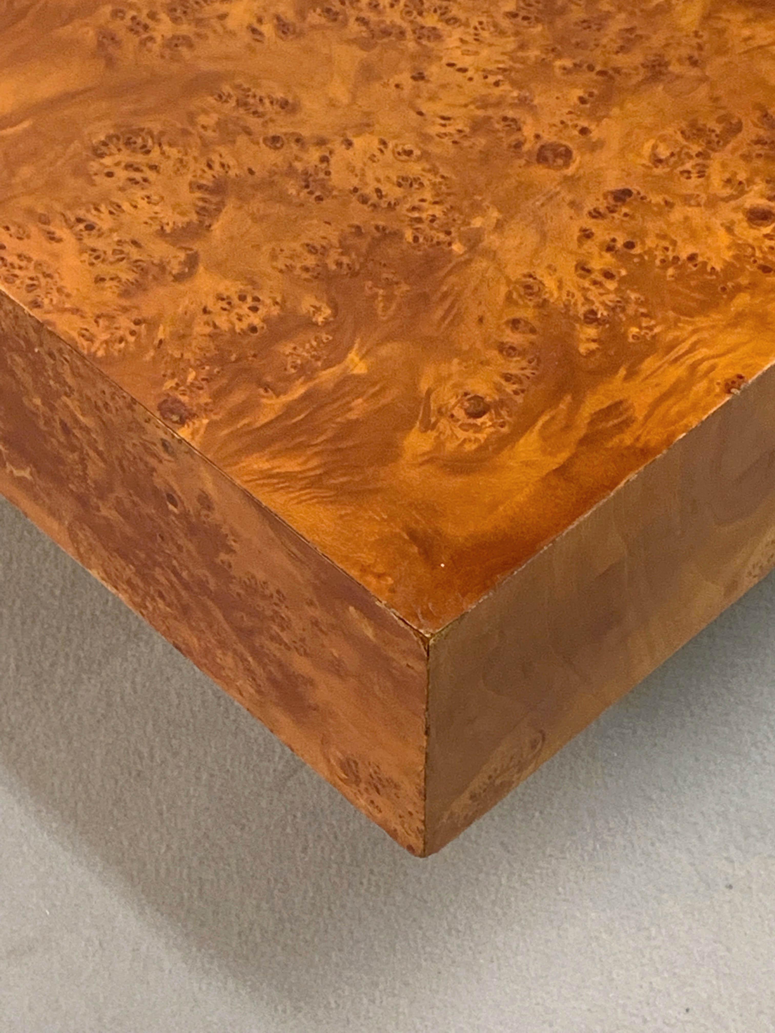 Willy Rizzo Style, Burl Wooden Coffee Table Square with Brass Base, Italy, 1970s 12