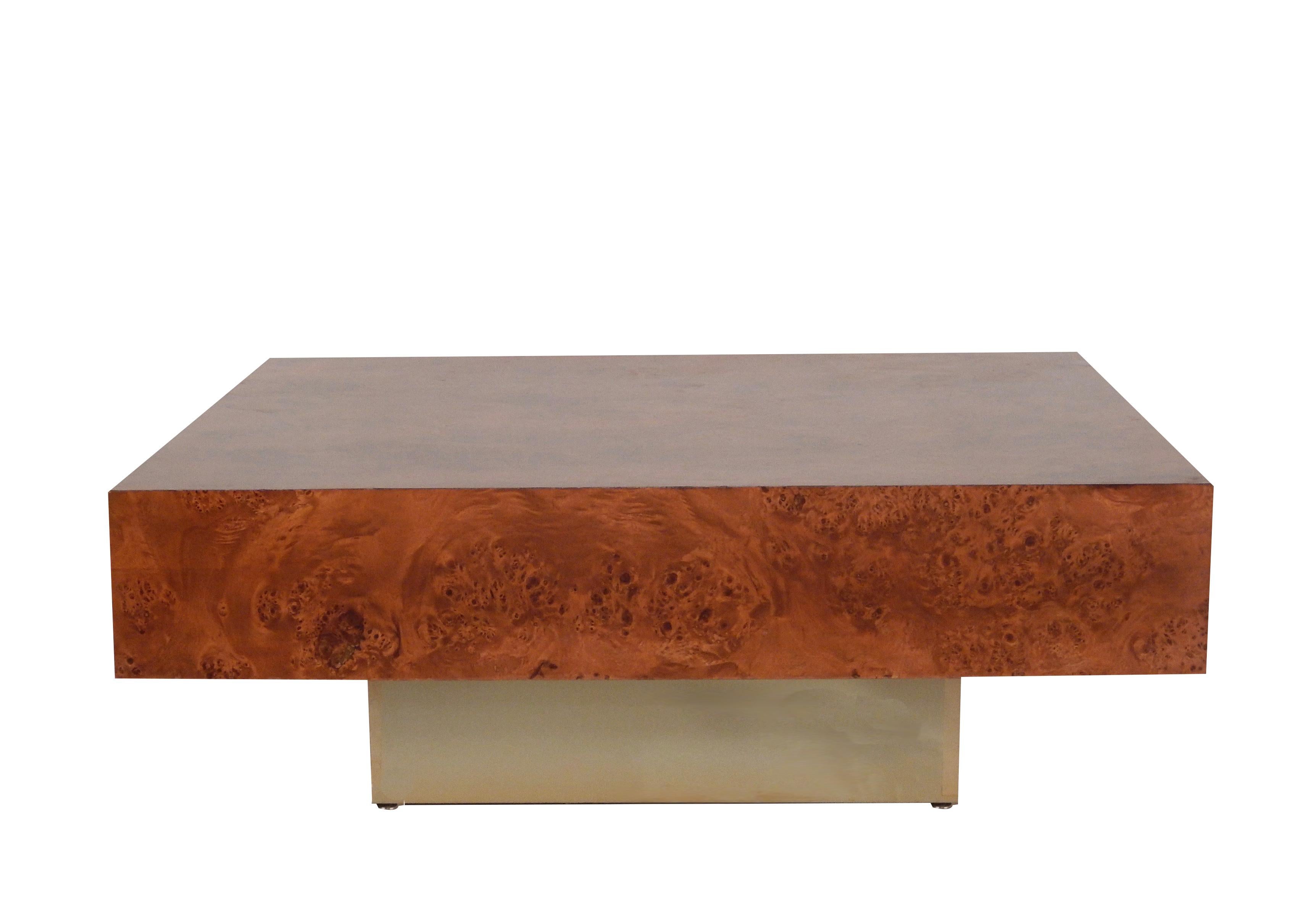 20th Century Willy Rizzo Style, Burl Wooden Coffee Table Square with Brass Base, Italy, 1970s