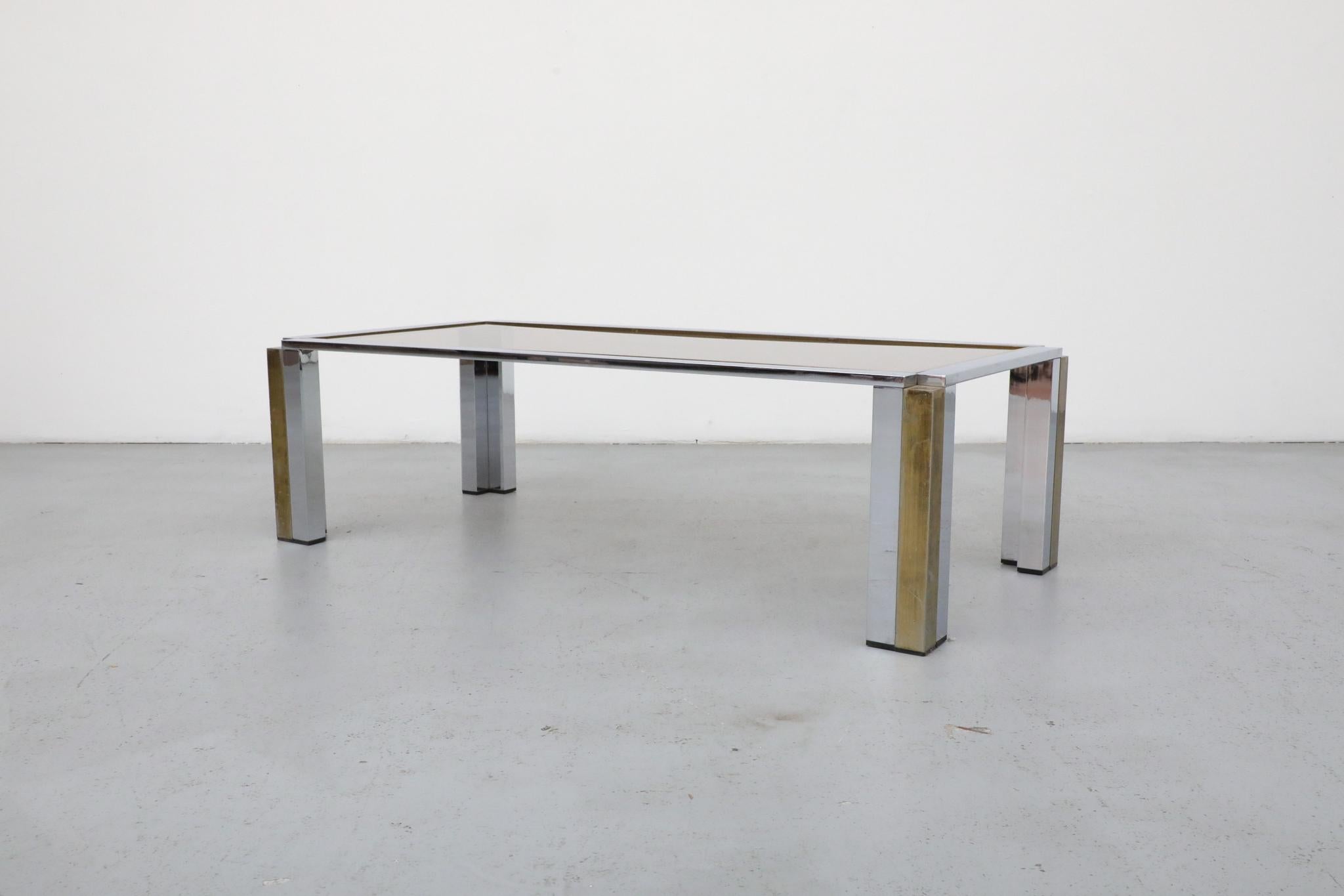 Tavolino da caffè in ottone e cromo in stile Willy Rizzo, Belgo Chrome, anni '70 1