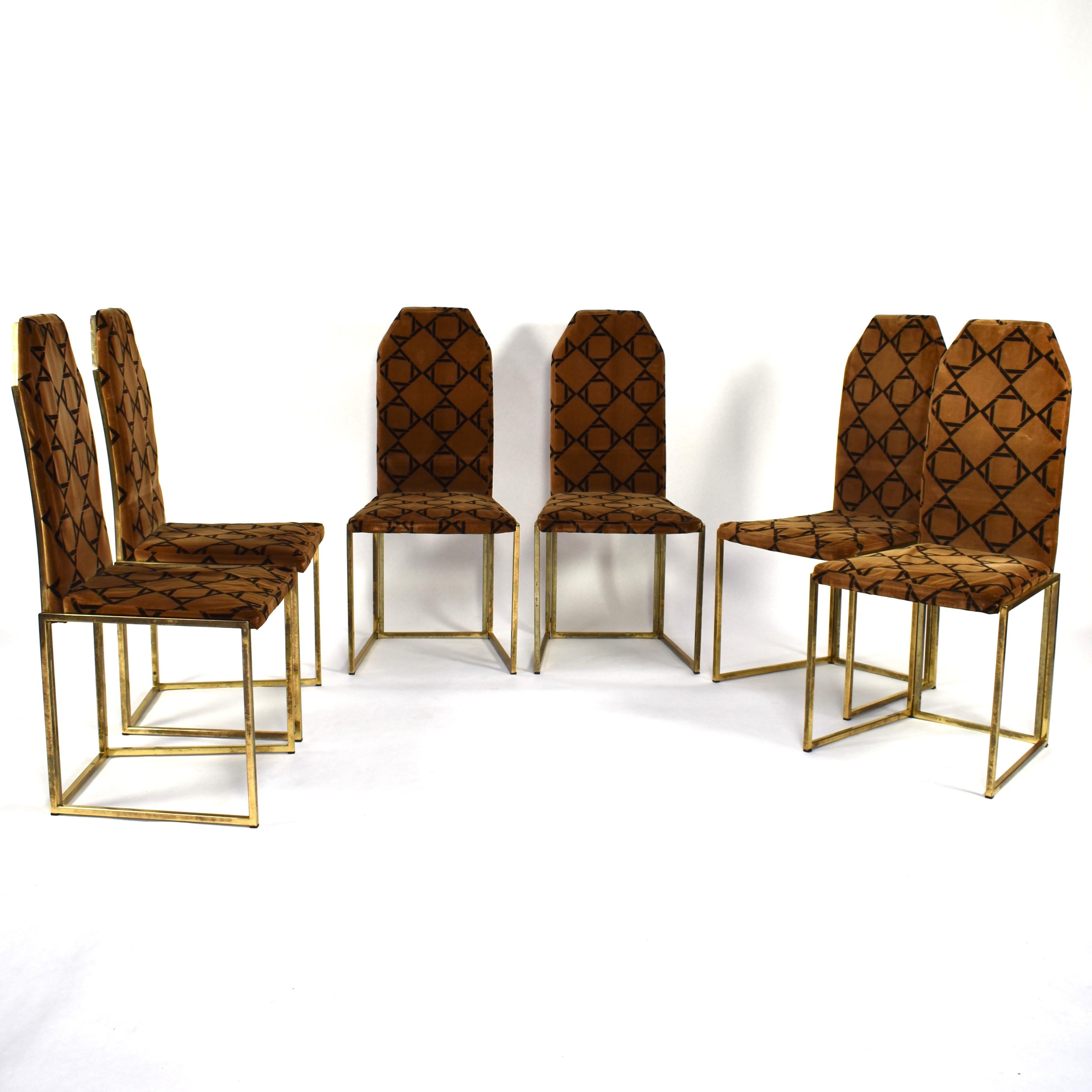 Set of six Willy Rizzo style dining chairs. The chairs have a gold brass metal base with a brown velvet fabric (still original). 

Country: Italy 

Model: Dining chairs

Material: Metal / Velvet fabric

Design period: 1970s

Date of