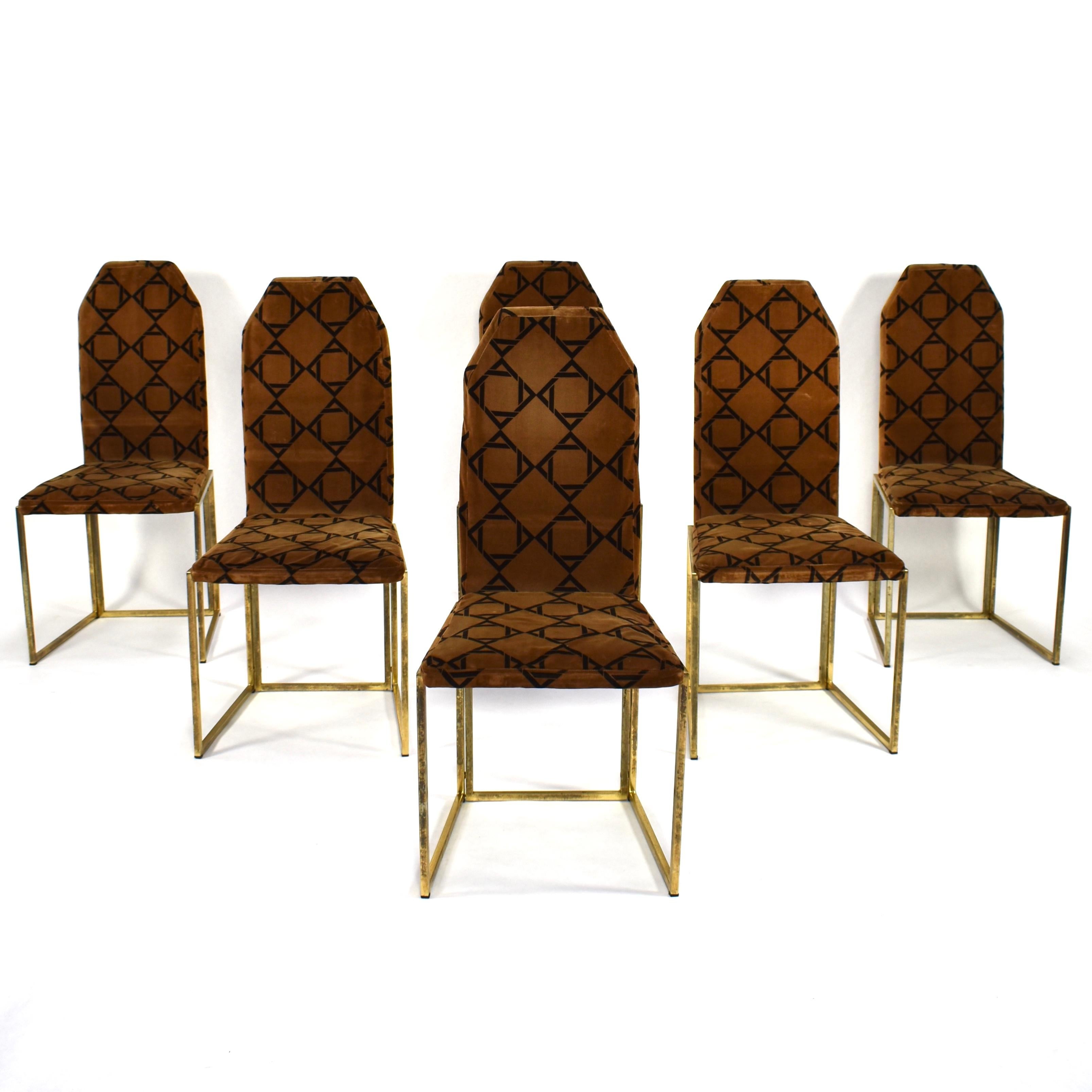 Mid-Century Modern Willy Rizzo Style Dining Chairs in Velvet and Gold, Italy, circa 1970