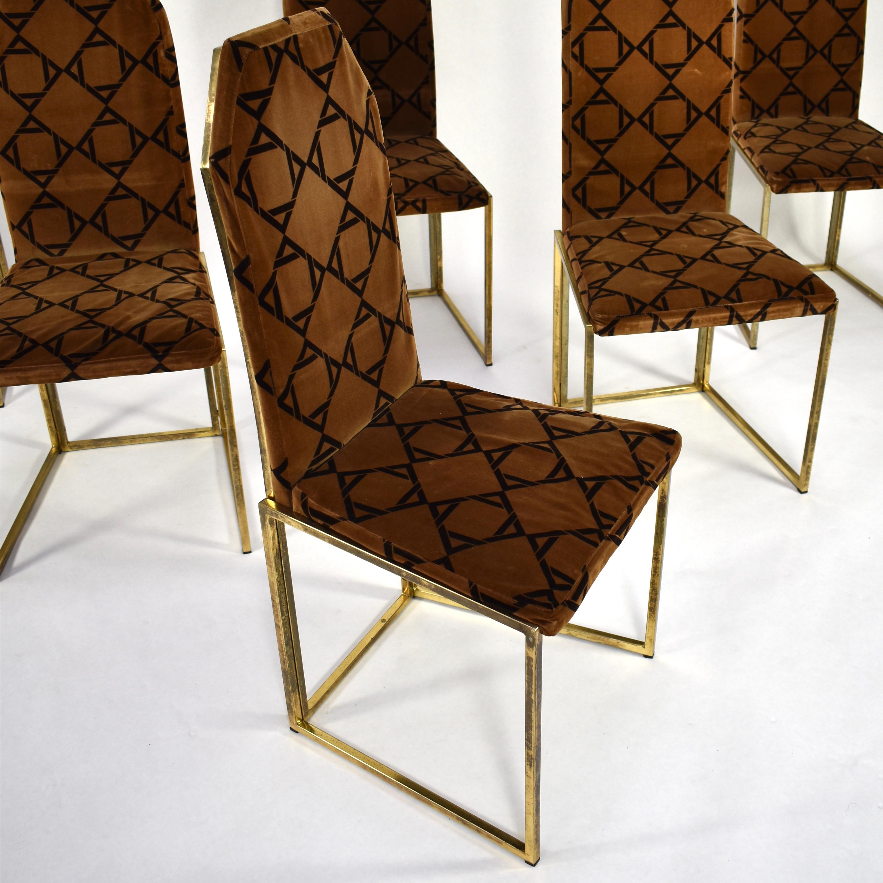 Italian Willy Rizzo Style Dining Chairs in Velvet and Gold, Italy, circa 1970