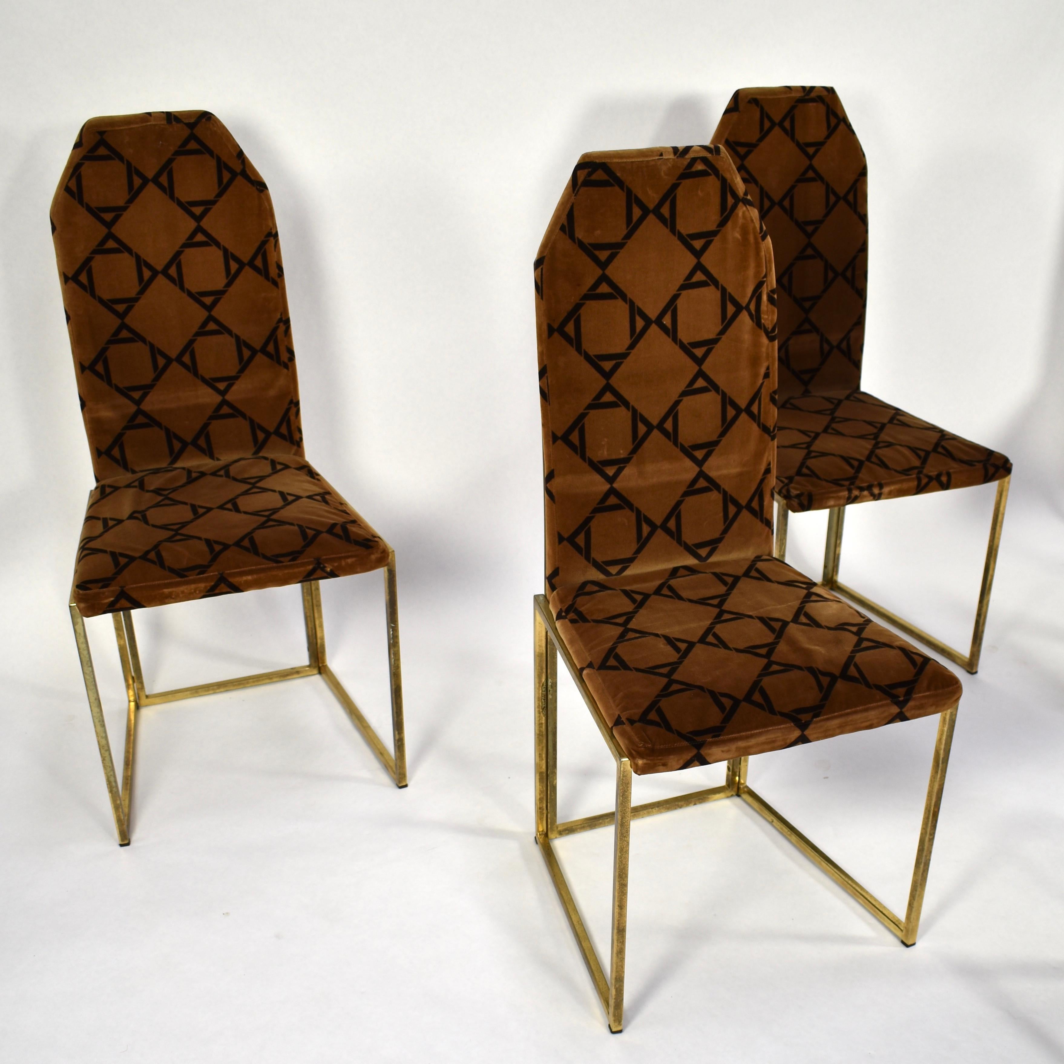 Willy Rizzo Style Dining Chairs in Velvet and Gold, Italy, circa 1970 In Fair Condition In Pijnacker, Zuid-Holland