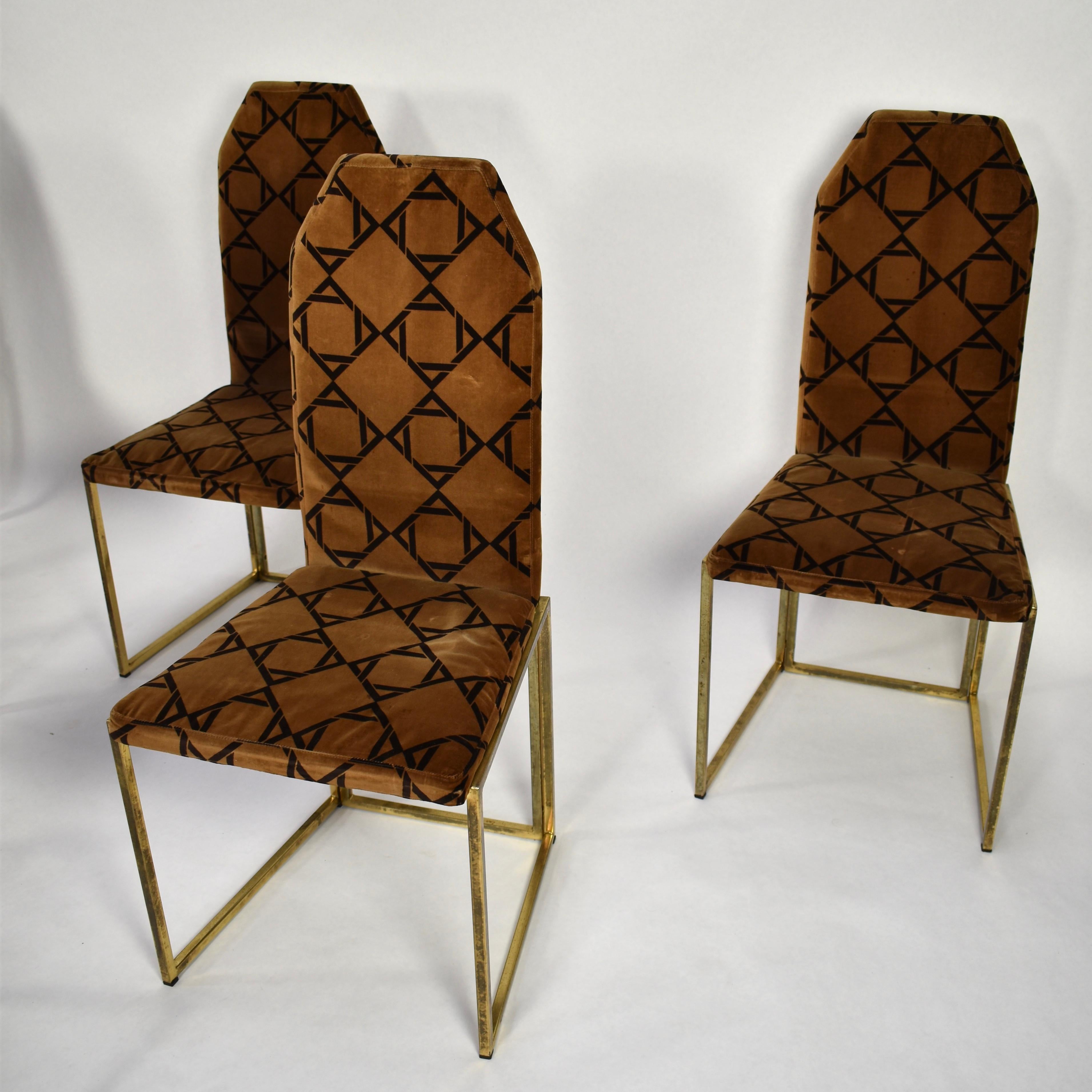 Late 20th Century Willy Rizzo Style Dining Chairs in Velvet and Gold, Italy, circa 1970