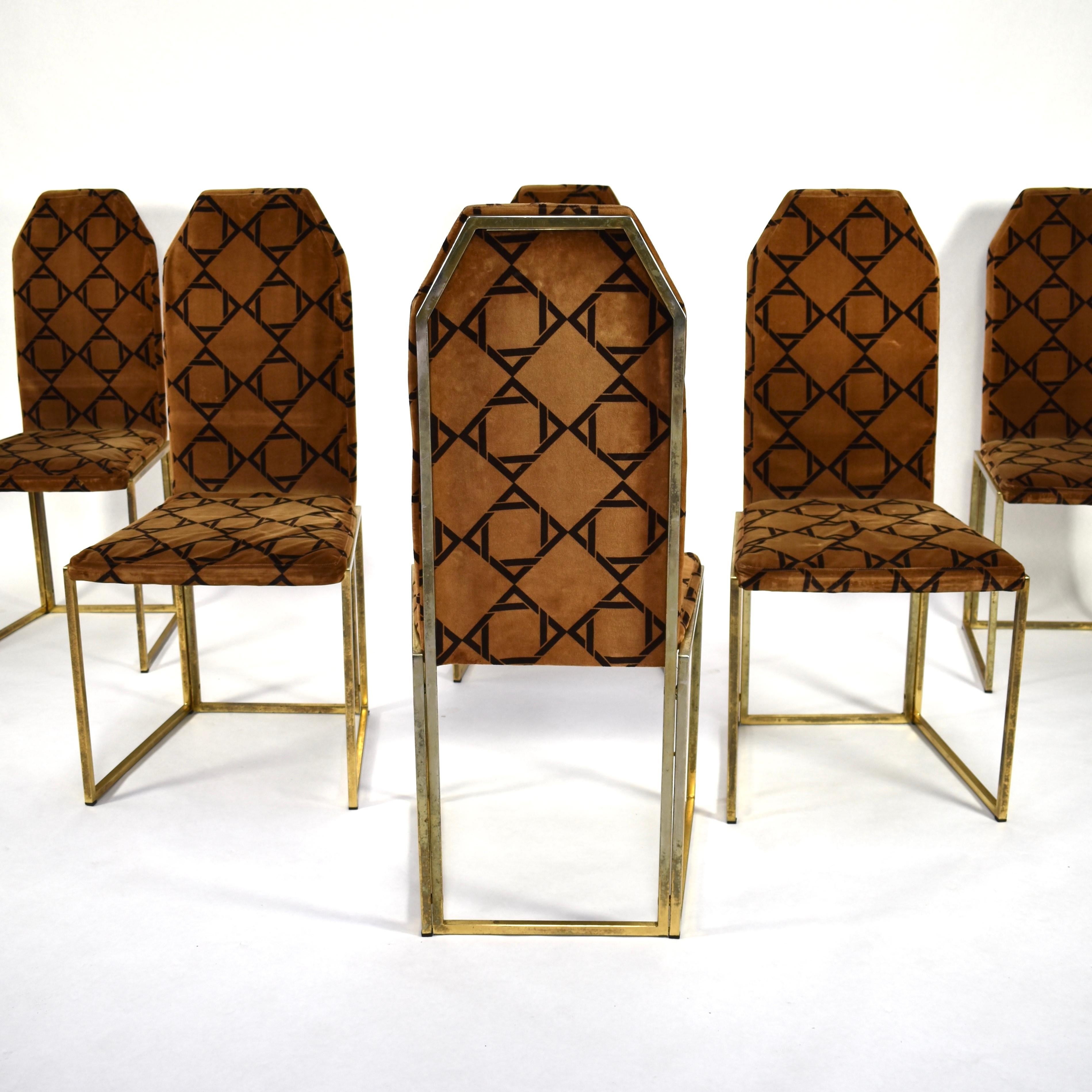 Willy Rizzo Style Dining Chairs in Velvet and Gold, Italy, circa 1970 2