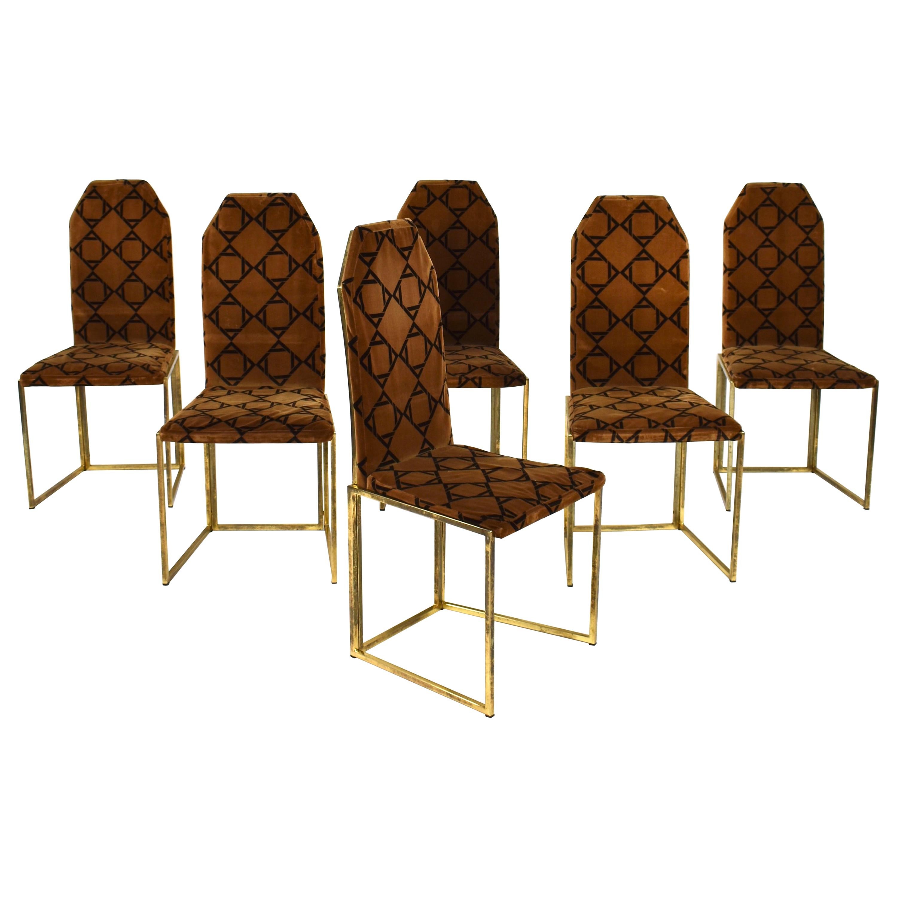 Willy Rizzo Style Dining Chairs in Velvet and Gold, Italy, circa 1970