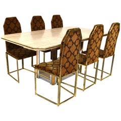 Willy Rizzo Style Dining Set in Travertine, Brass and Chrome, 1970