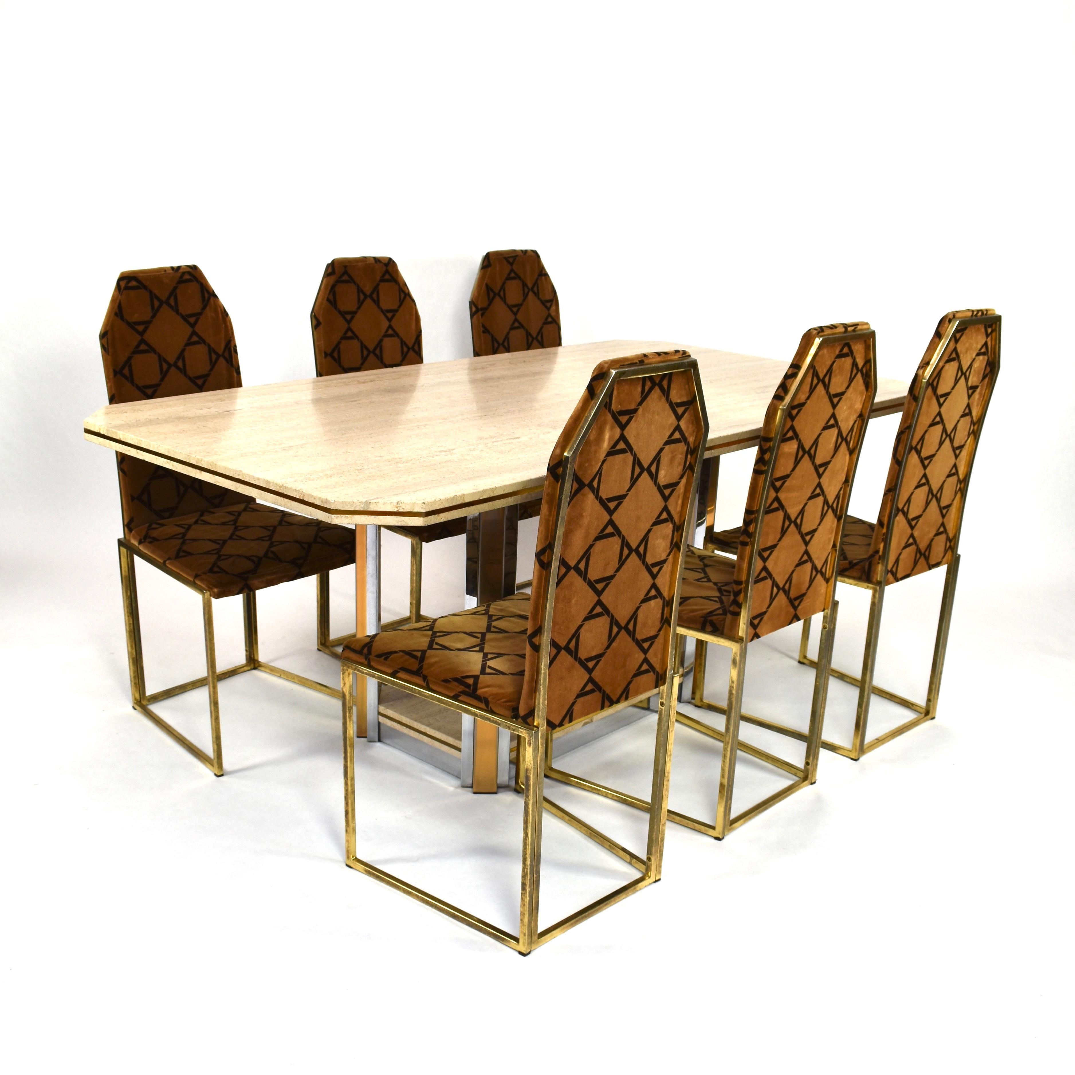 Willy Rizzo Style Dining Table in Travertine, Brass and Gold, 1970 5