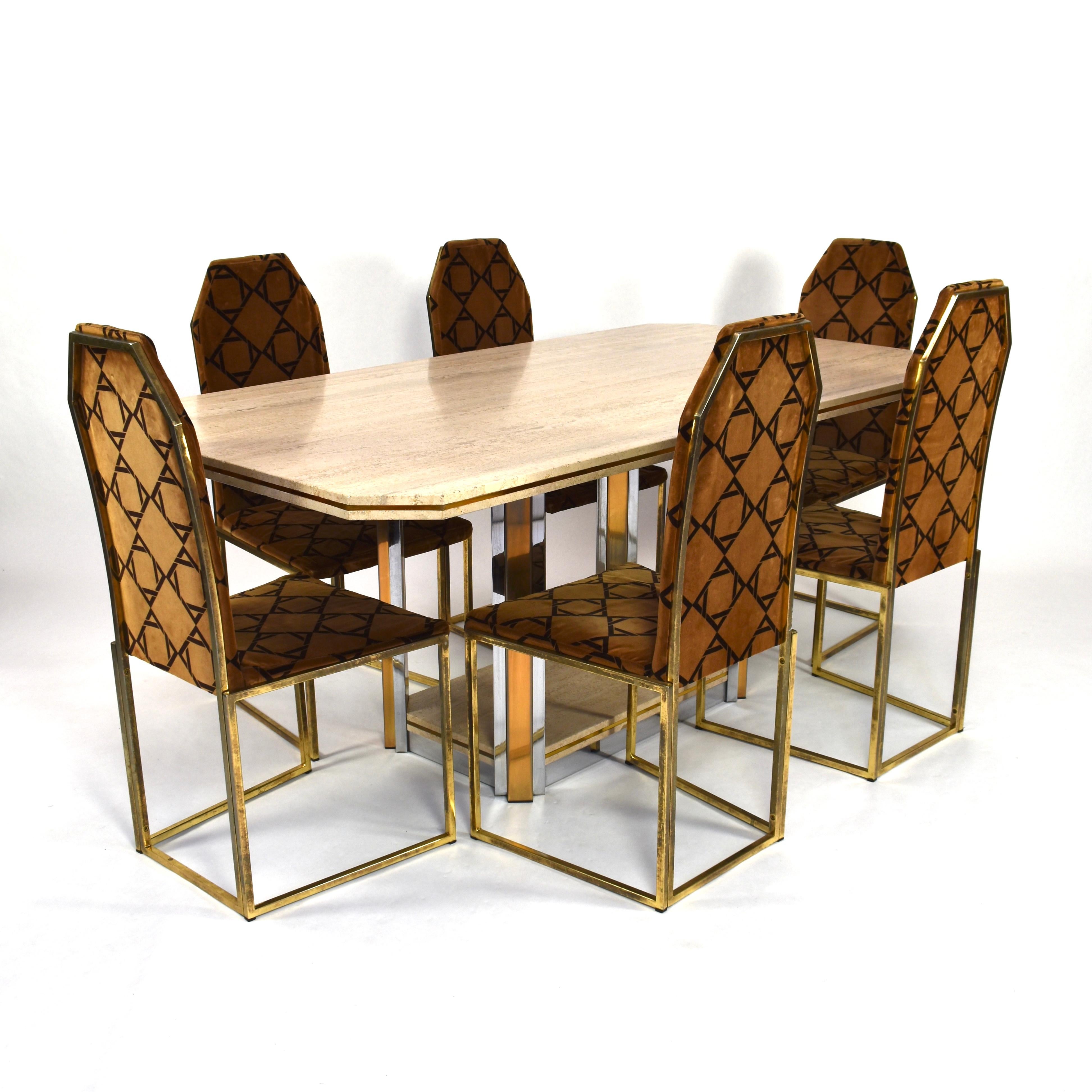 Willy Rizzo Style Dining Table in Travertine, Brass and Gold, 1970 6