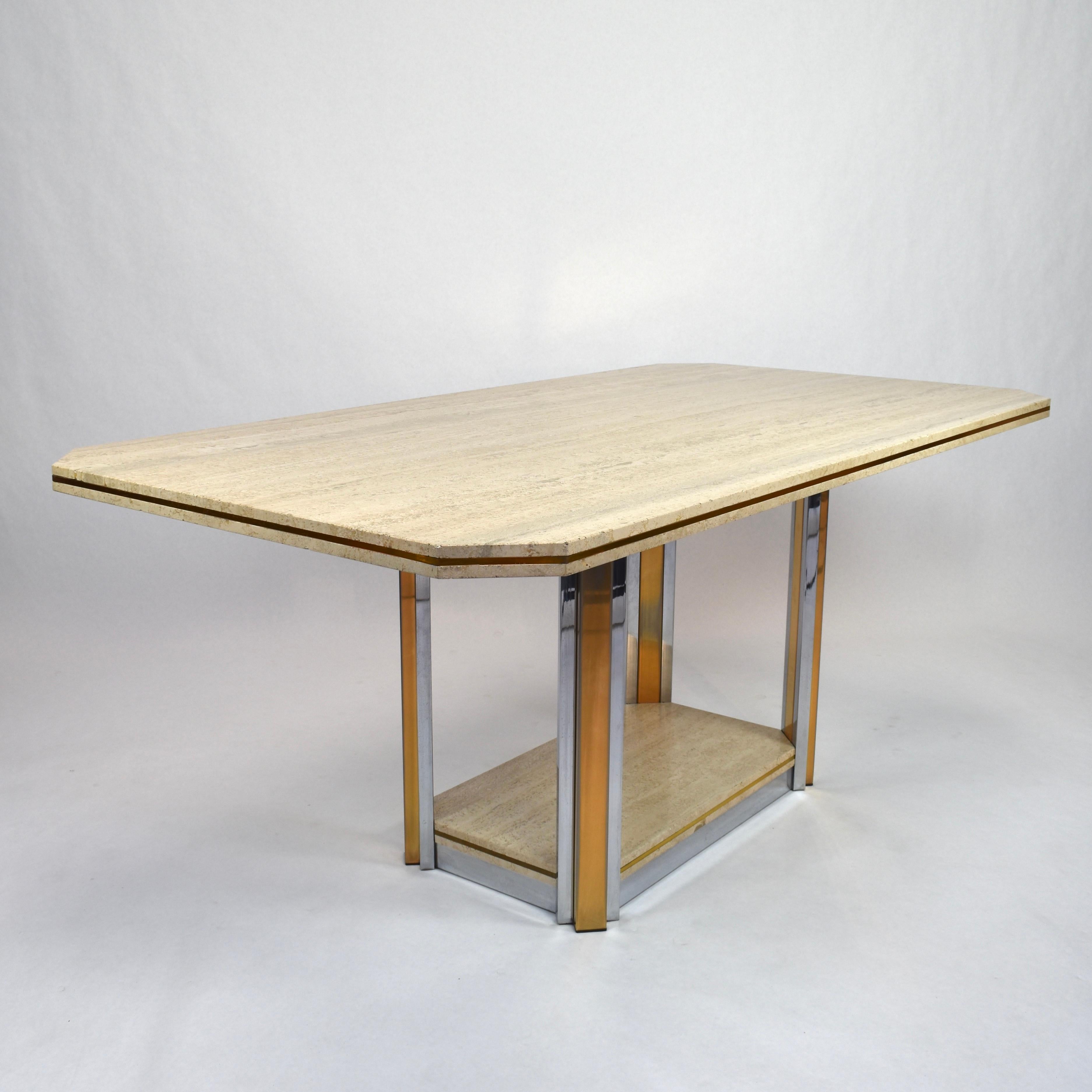 Willy Rizzo style dining table in travertine and brass and chrome details.

Designer: Willy Rizzo style 

Manufacturer: Unknown

Country: Italy or Belgium

Model: Dining table

Material: Travertine/ brass/ chrome

Design period: