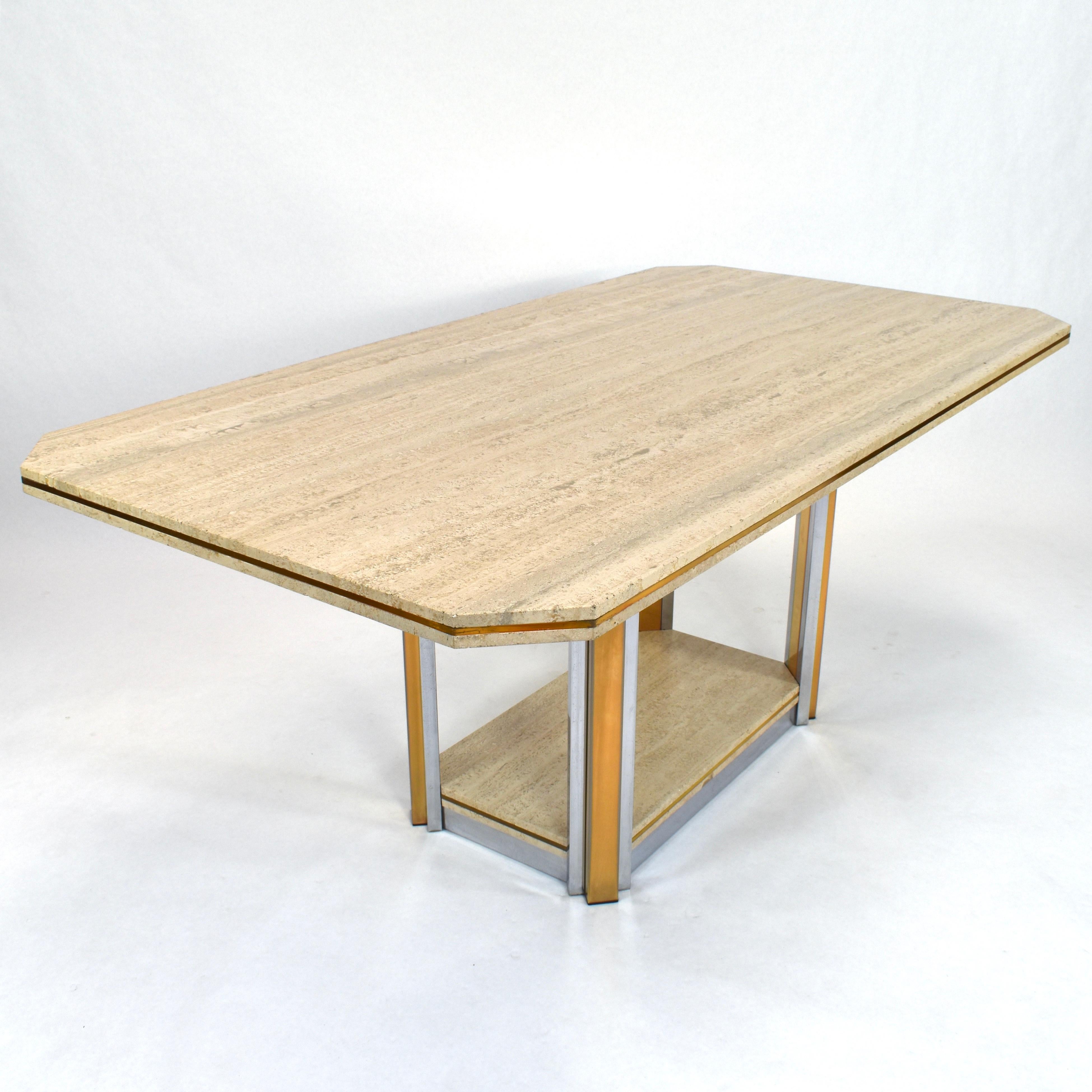 Mid-Century Modern Willy Rizzo Style Dining Table in Travertine, Brass and Gold, 1970