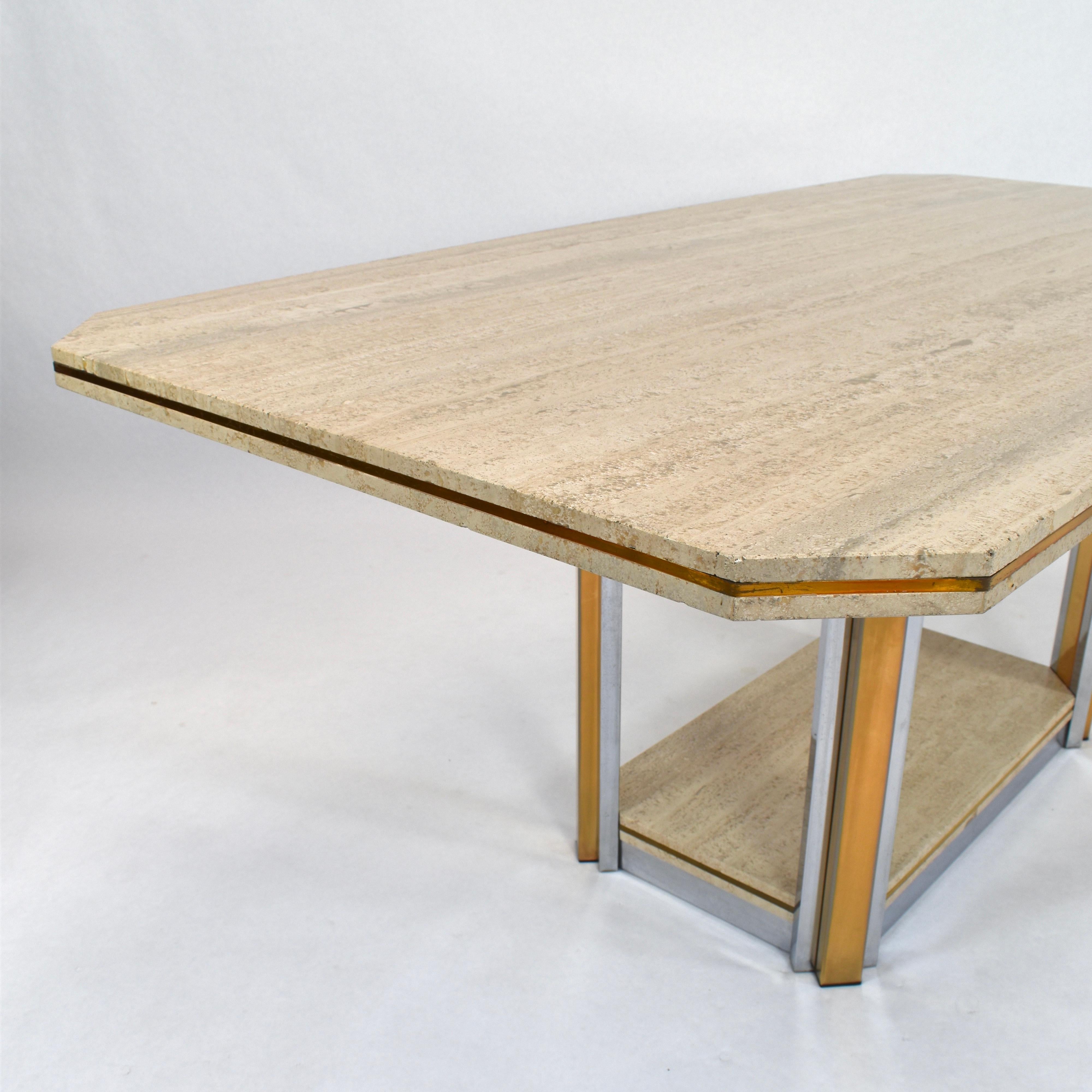 Willy Rizzo Style Dining Table in Travertine, Brass and Gold, 1970 In Good Condition In Pijnacker, Zuid-Holland