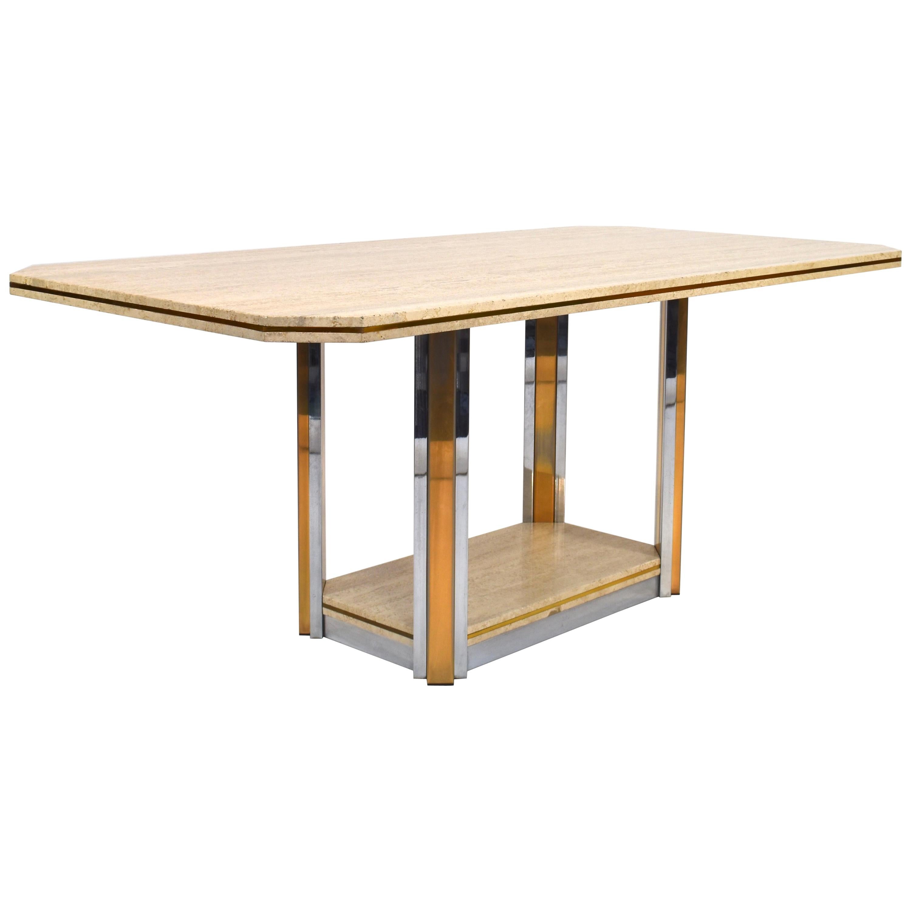 Willy Rizzo Style Dining Table in Travertine, Brass and Gold, 1970