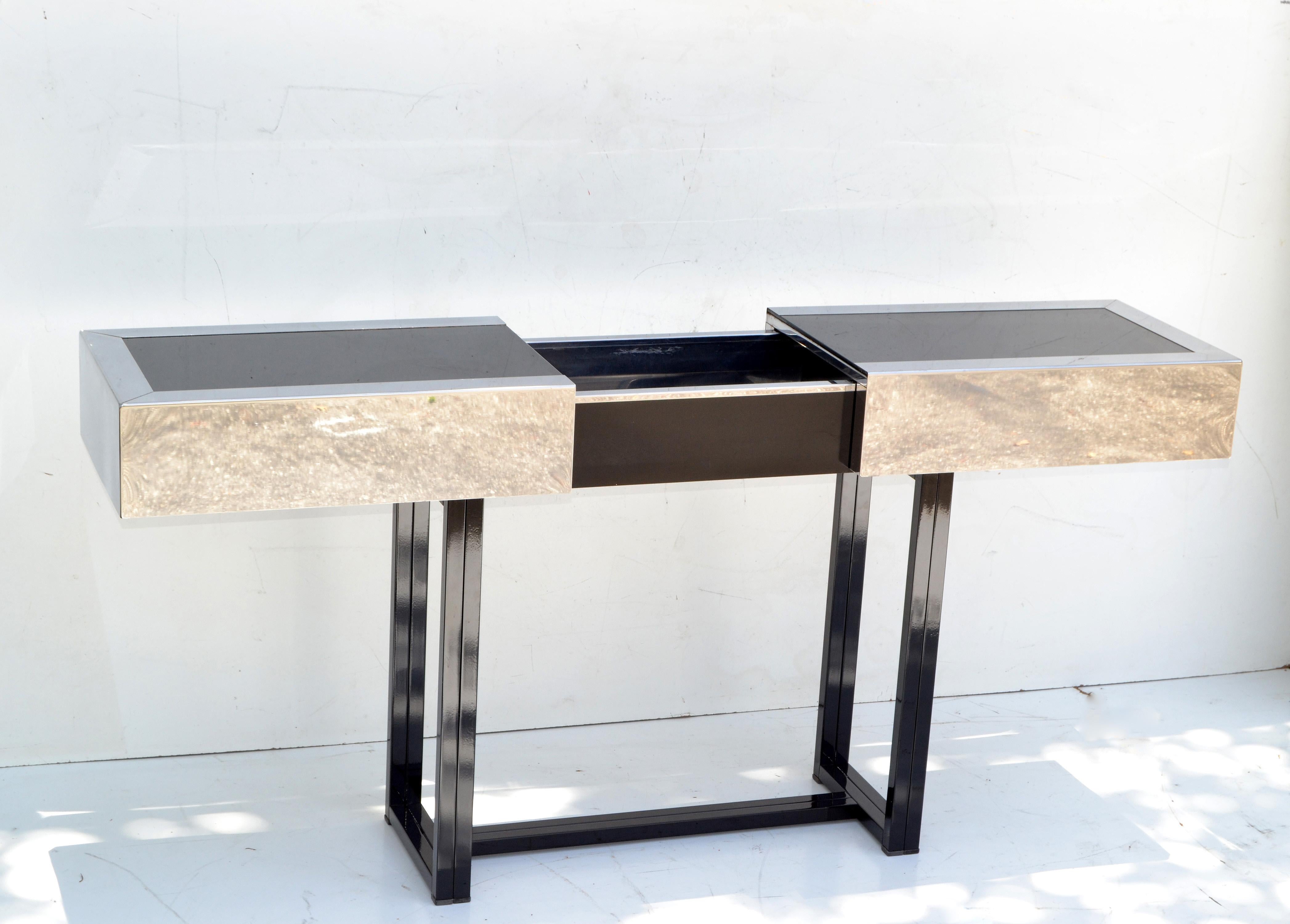 Willy Rizzo Style Expendable Steel Chrome Bar Console Table Black Glass Italy 70 For Sale 3