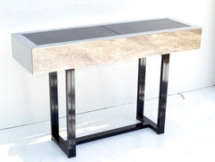 Willy Rizzo Style Expendable Steel Chrome Bar Console Table Black Glass Italy 70
