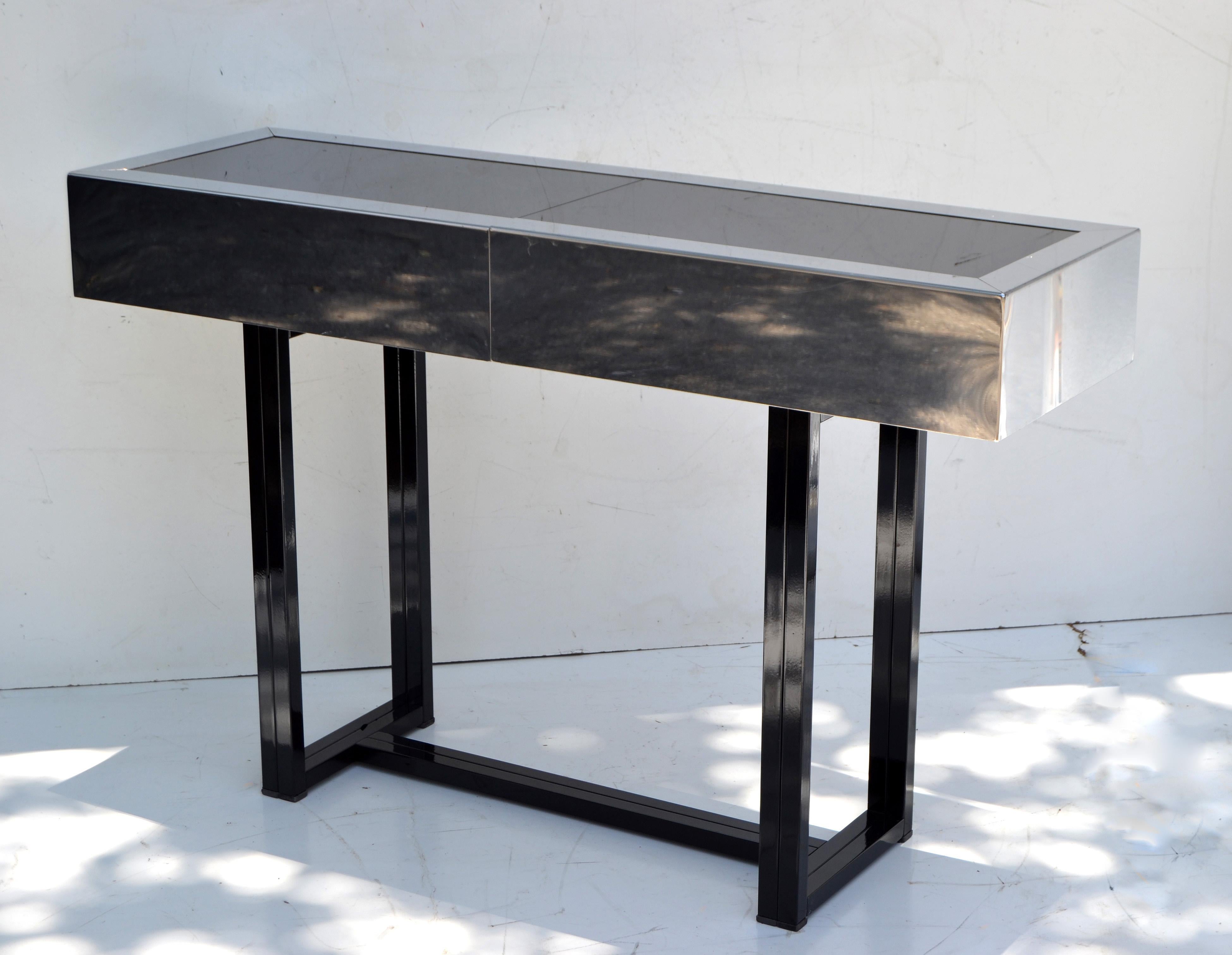 Italian Willy Rizzo Style Expendable Steel Chrome Bar Console Table Black Glass Italy 70 For Sale