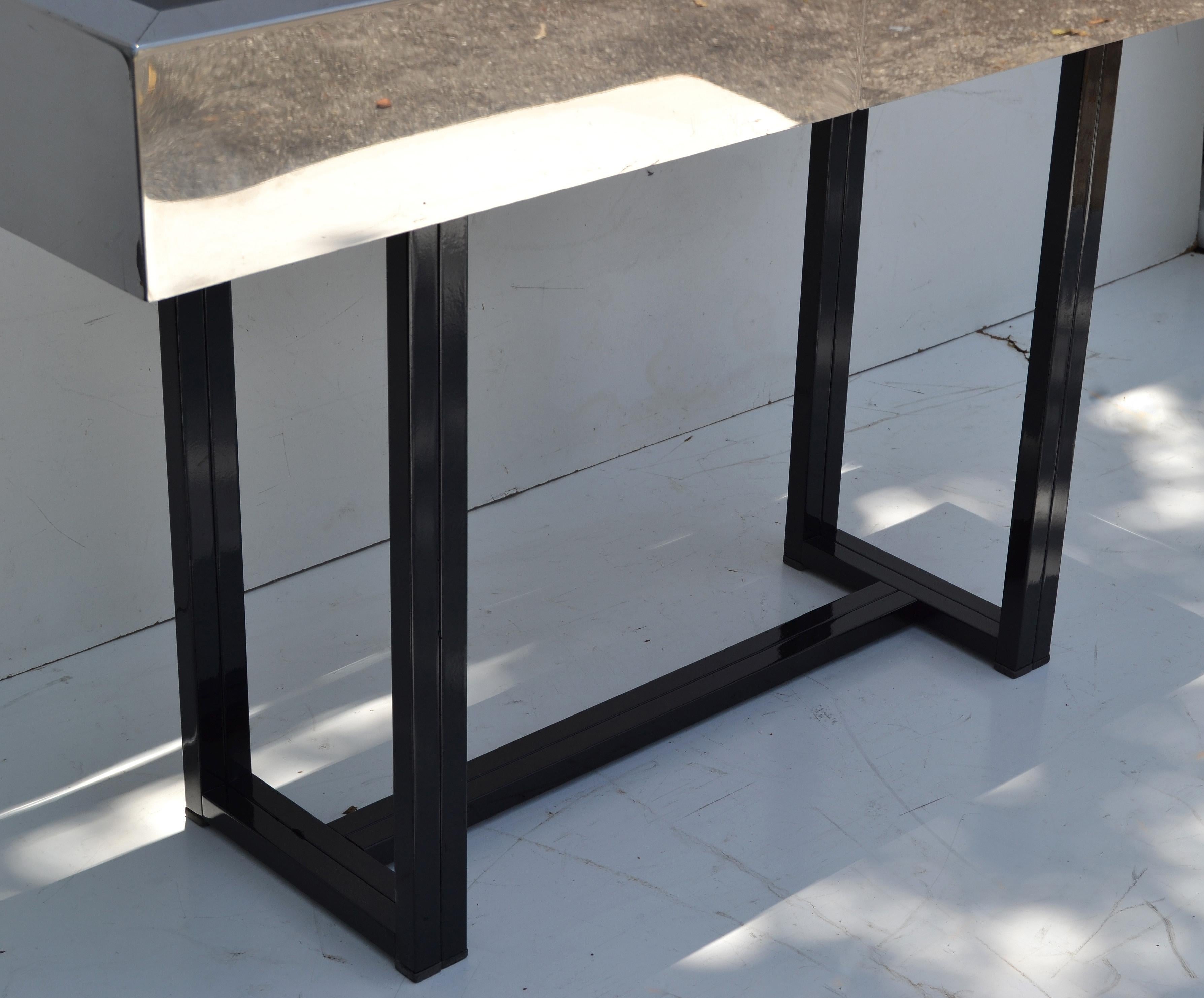Powder-Coated Willy Rizzo Style Expendable Steel Chrome Bar Console Table Black Glass Italy 70 For Sale