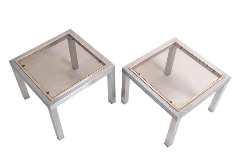 Willy Rizzo Style French Square Side Table Chrome, Brass & Smoked Glass Top, 2 For Sale 5