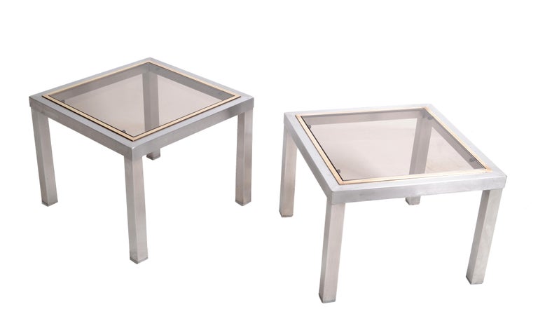 Polished Willy Rizzo Style French Square Side Table Chrome, Brass & Smoked Glass Top, 2 For Sale