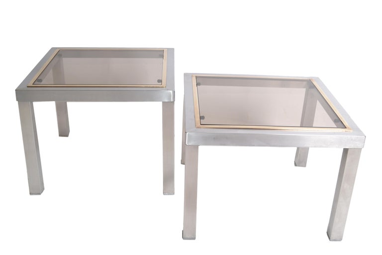 Willy Rizzo Style French Square Side Table Chrome, Brass & Smoked Glass Top, 2 For Sale 2